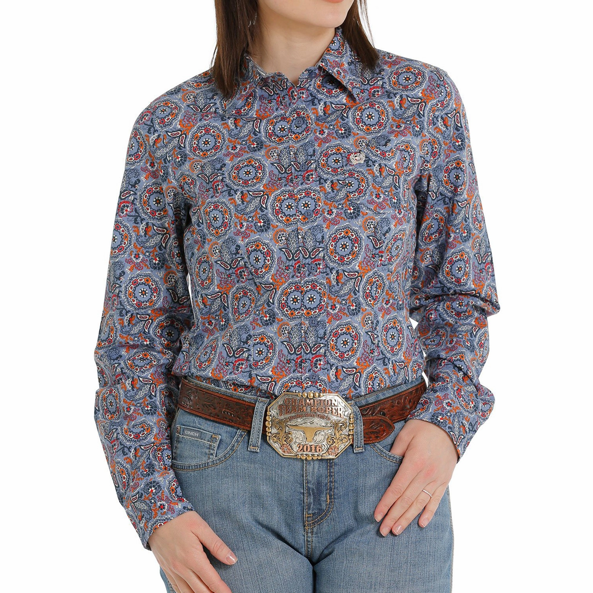 DurableWeave WrinkleFree Weave Cinch Blue, Red and Orange Paisley Shirt