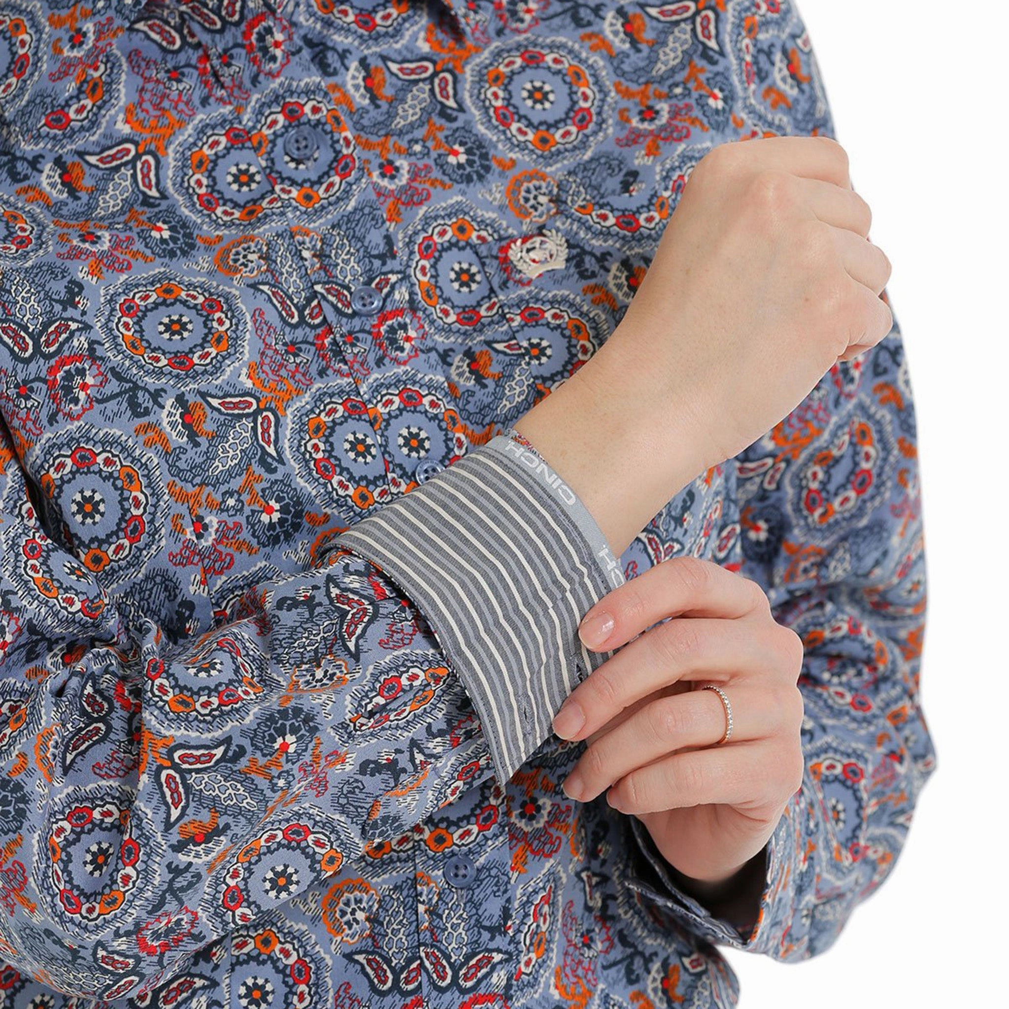 WrinkleResistant BreathableMeshPanels Cinch Blue, Red and Orange Paisley Shirt