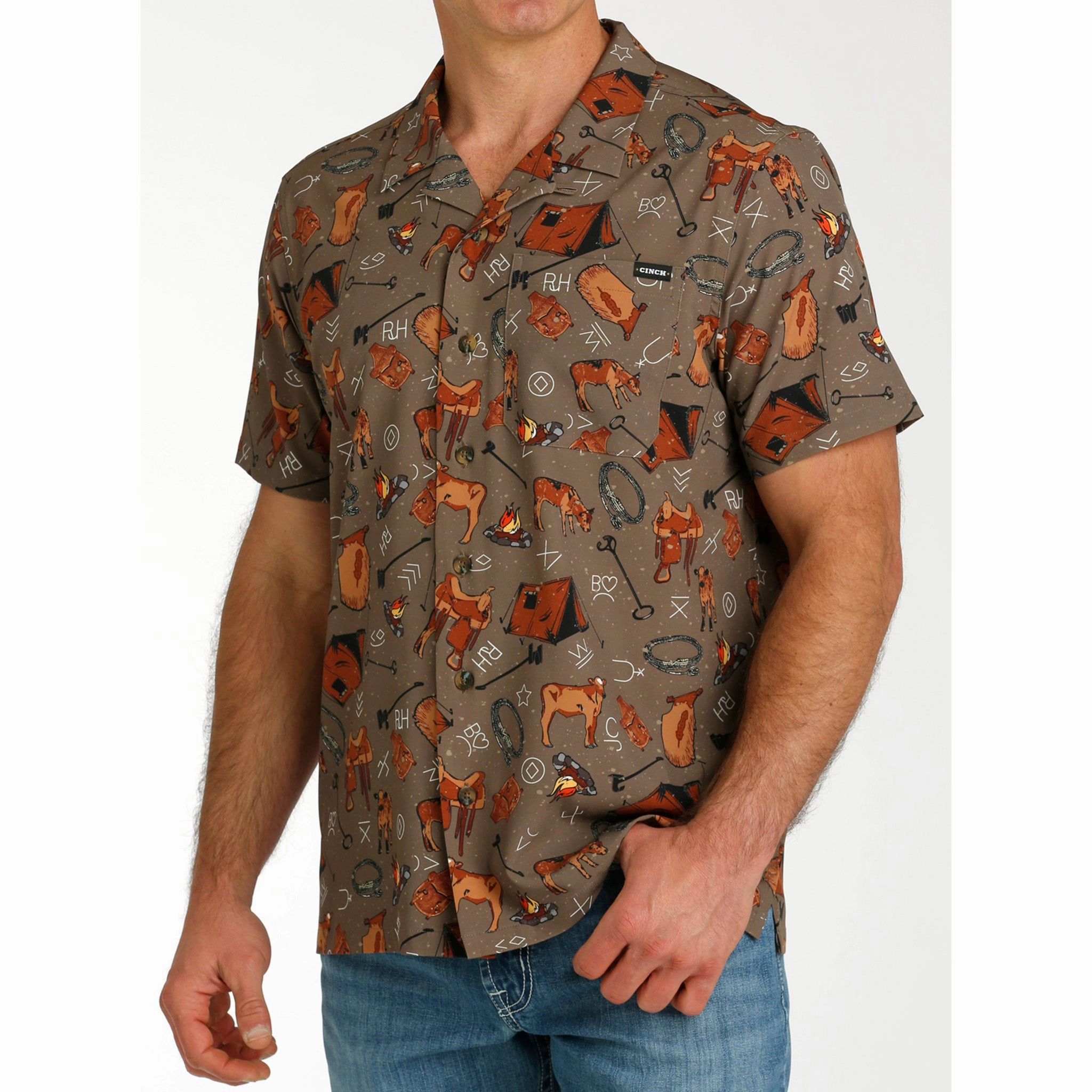 High-End Fabric Cinch Men's Brown Cow Camp Short Sleeve