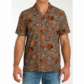 Cinch Men's Brown Cow Camp Short Sleeve Preppy Vibe Non-Iron
