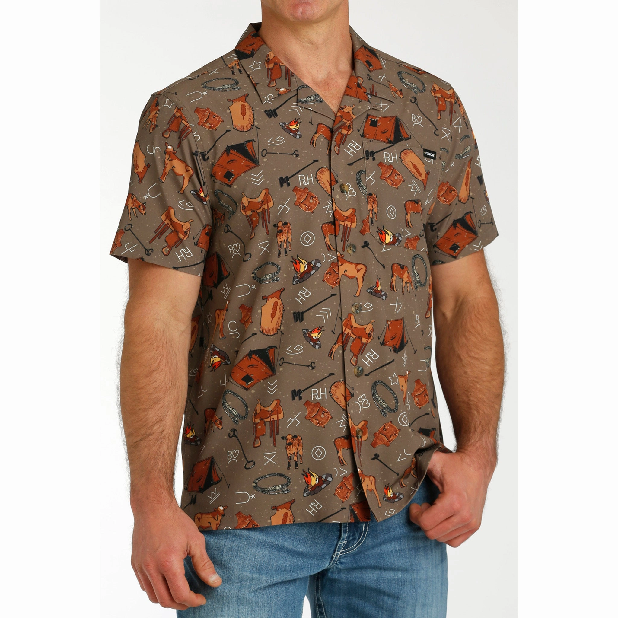 Vibrant color Wrinkle Resistant Material Cinch Men's Brown Cow Camp Short Sleeve