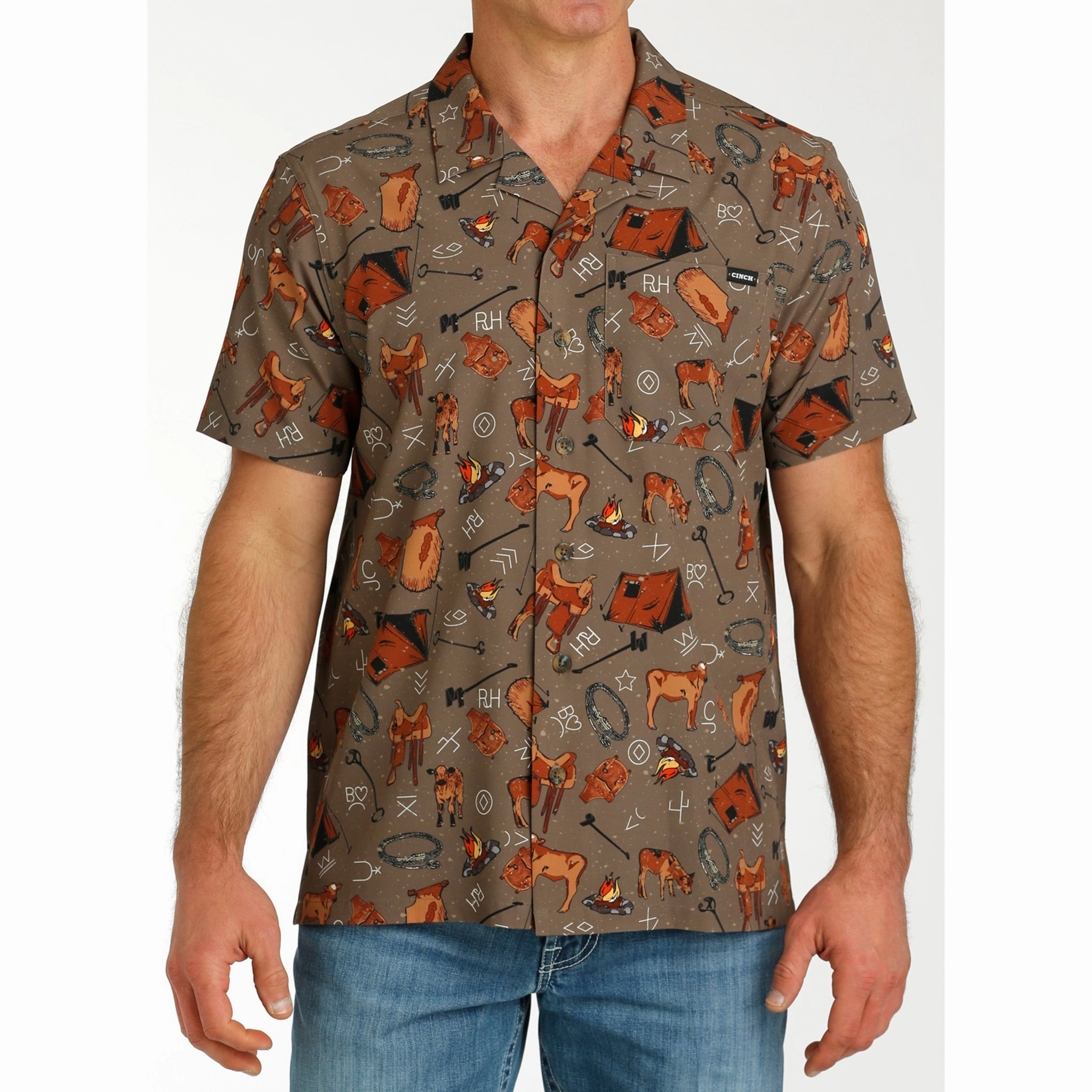 Cinch Men's Brown Cow Camp Short Sleeve Preppy Vibe Non-Iron