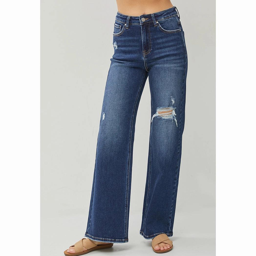 Risen High Rise Distressed Wide Leg Jeans school wear Softened Seams