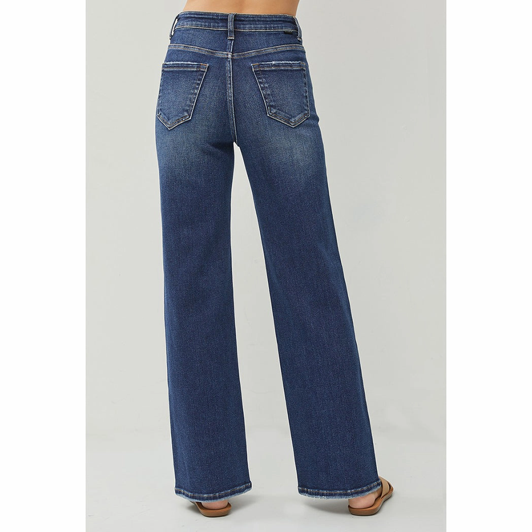 Hidden Rivet Details Risen High Rise Distressed Wide Leg Jeans