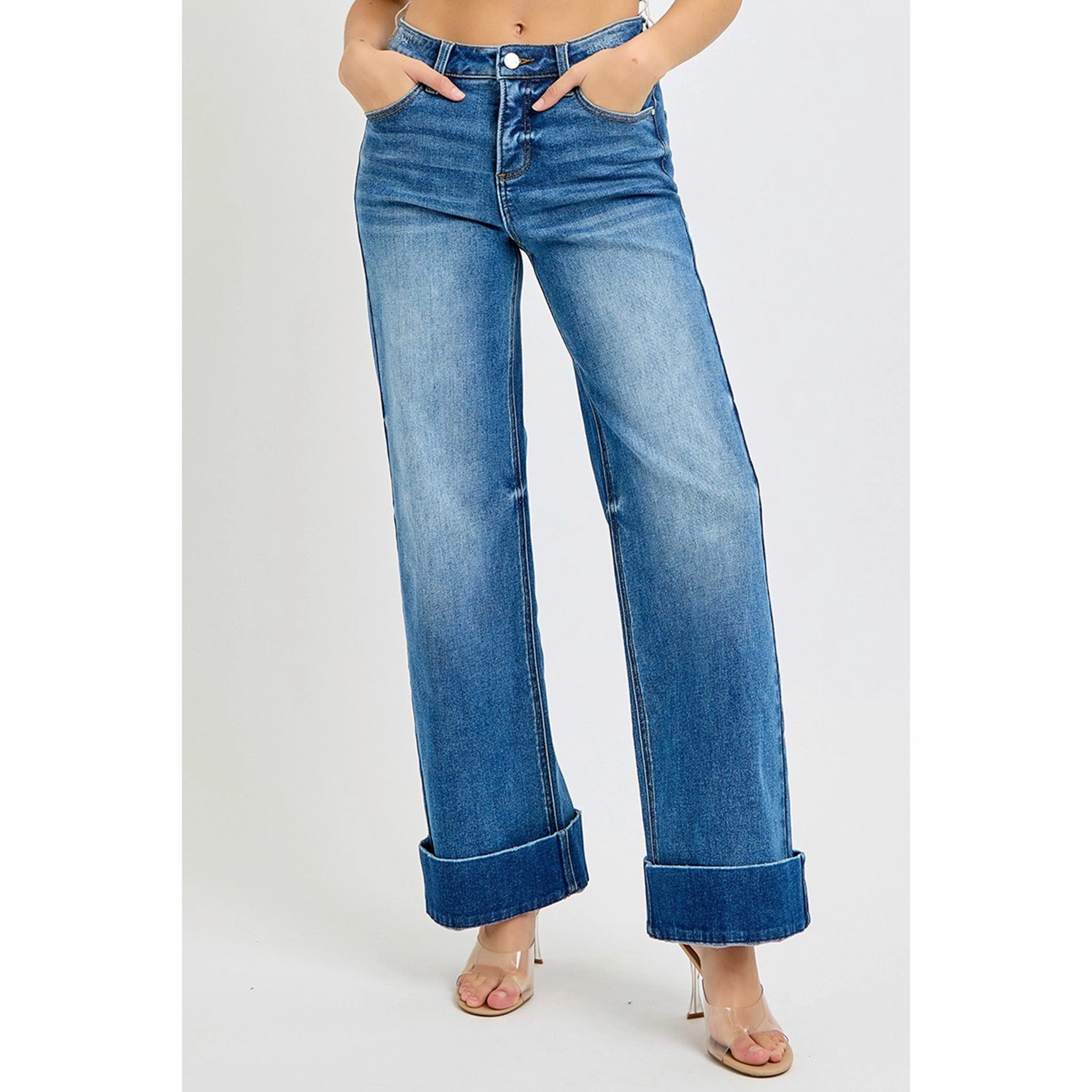 Risen Women's Dark High Rise Ankle Cuff Jeans Straight Leg Design