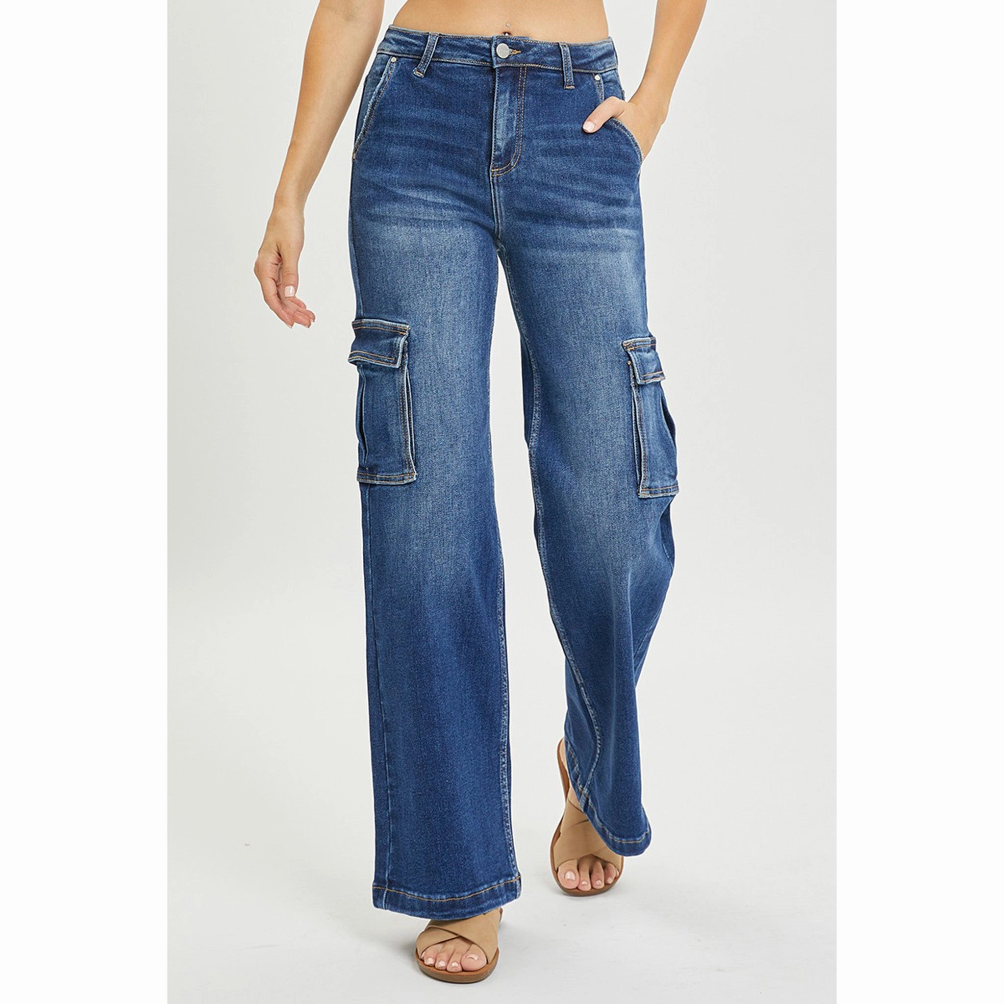 Risen Women's Dark Wash High Rise Wide Leg Cargo Jeans Essential Basics Sustainable Trend Setter Versatile