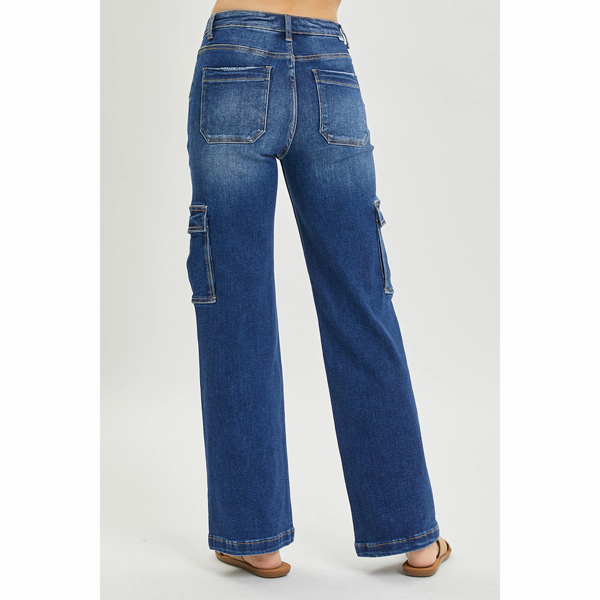 Risen Women's Dark Wash High Rise Wide Leg Cargo Jeans Evening Stroll Comfy