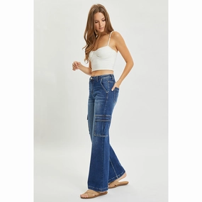 Risen Women's Dark Wash High Rise Wide Leg Cargo Jeans Timeless Fashion Light Touch