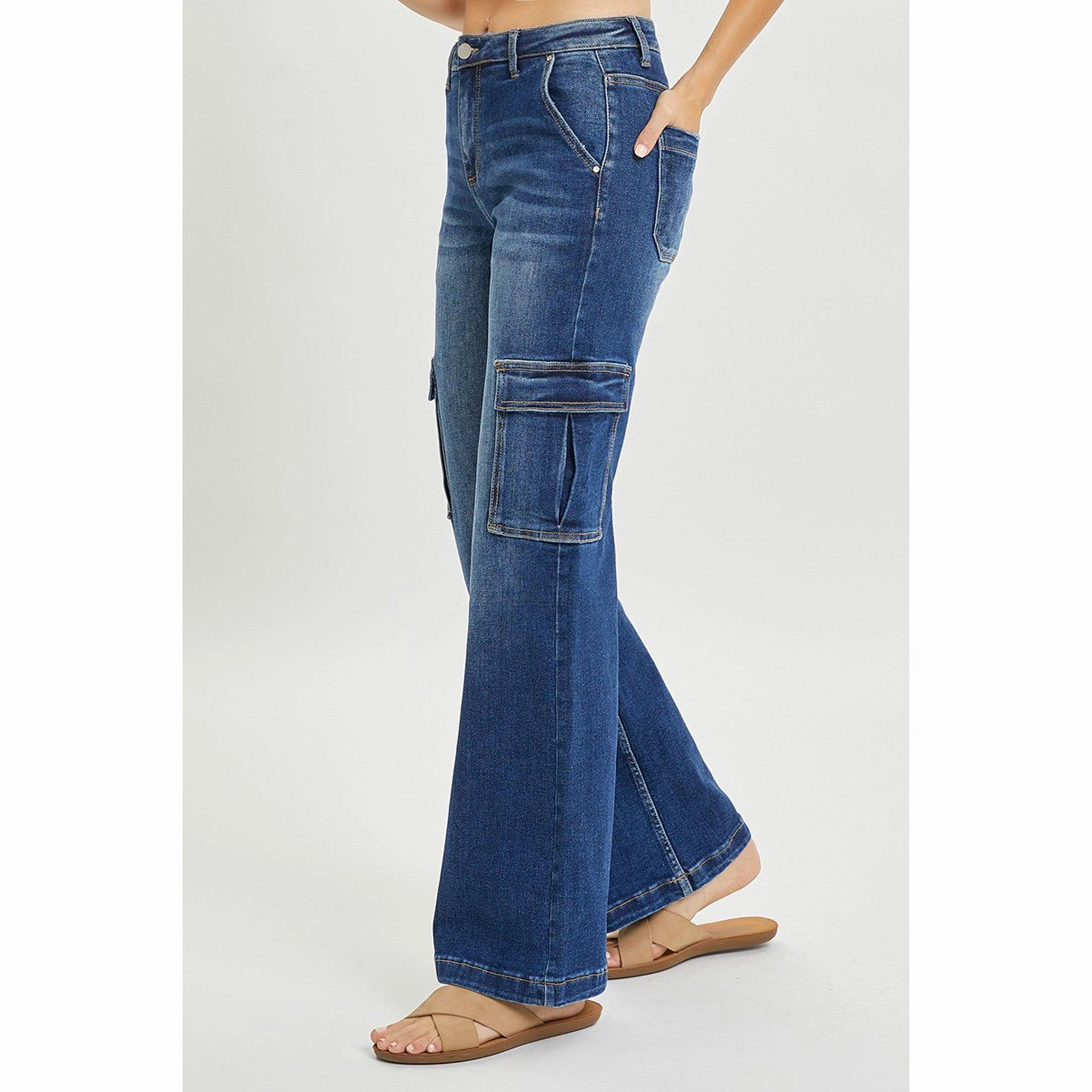 Hidden Rivet Details Chill Outfit Risen Women's Dark Wash High Rise Wide Leg Cargo Jeans