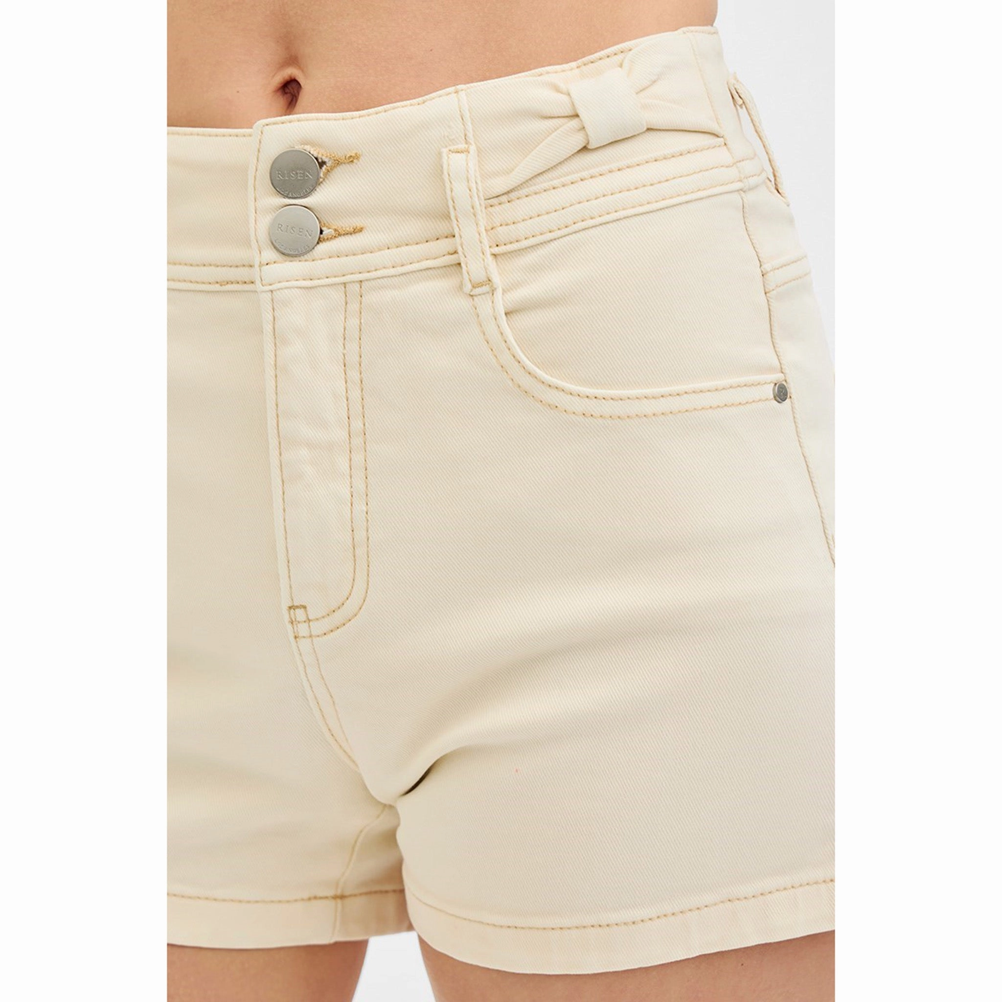 Risen Women's Ivory Bow Detail High Rise Shorts Work Ready Lightweight Textured Fashion Lover Youth Style Smooth
