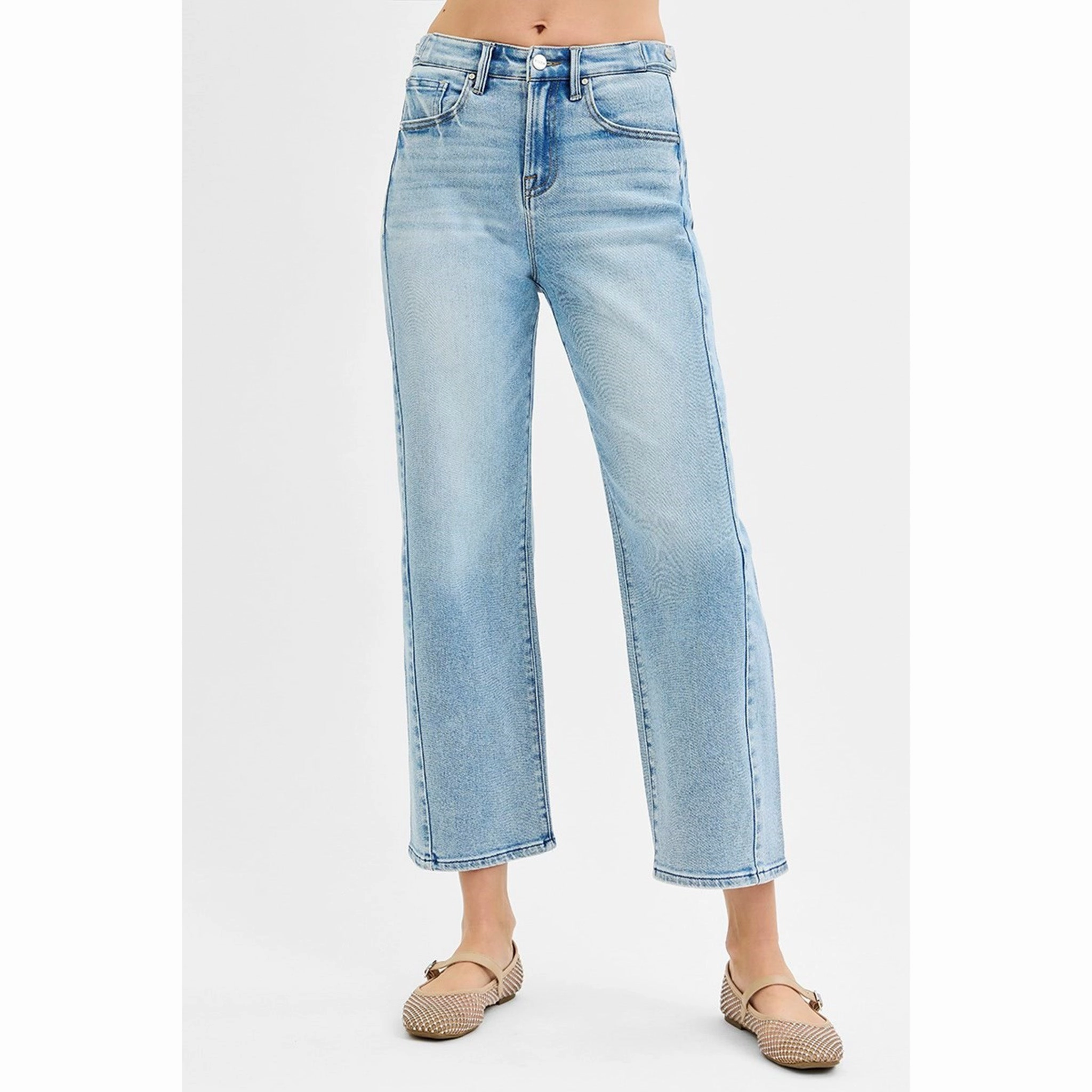 Risen Women's Light High Rise Crop Barrel Jeans Essential Basics Winter Warmth Minimalist