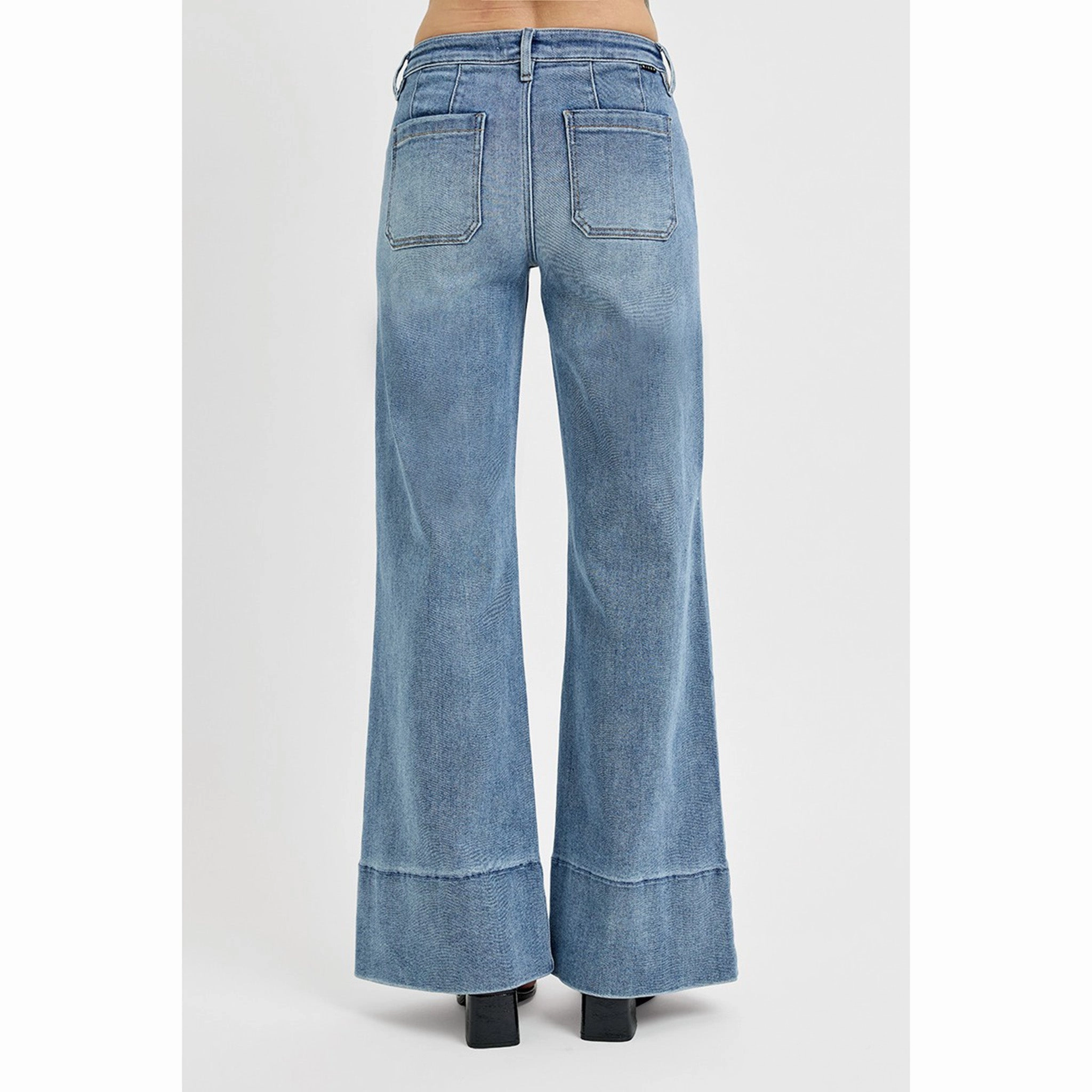 Risen Women's Mid Rise Ankle Wide Flare Jeans Essential Look Unfaded Hemline