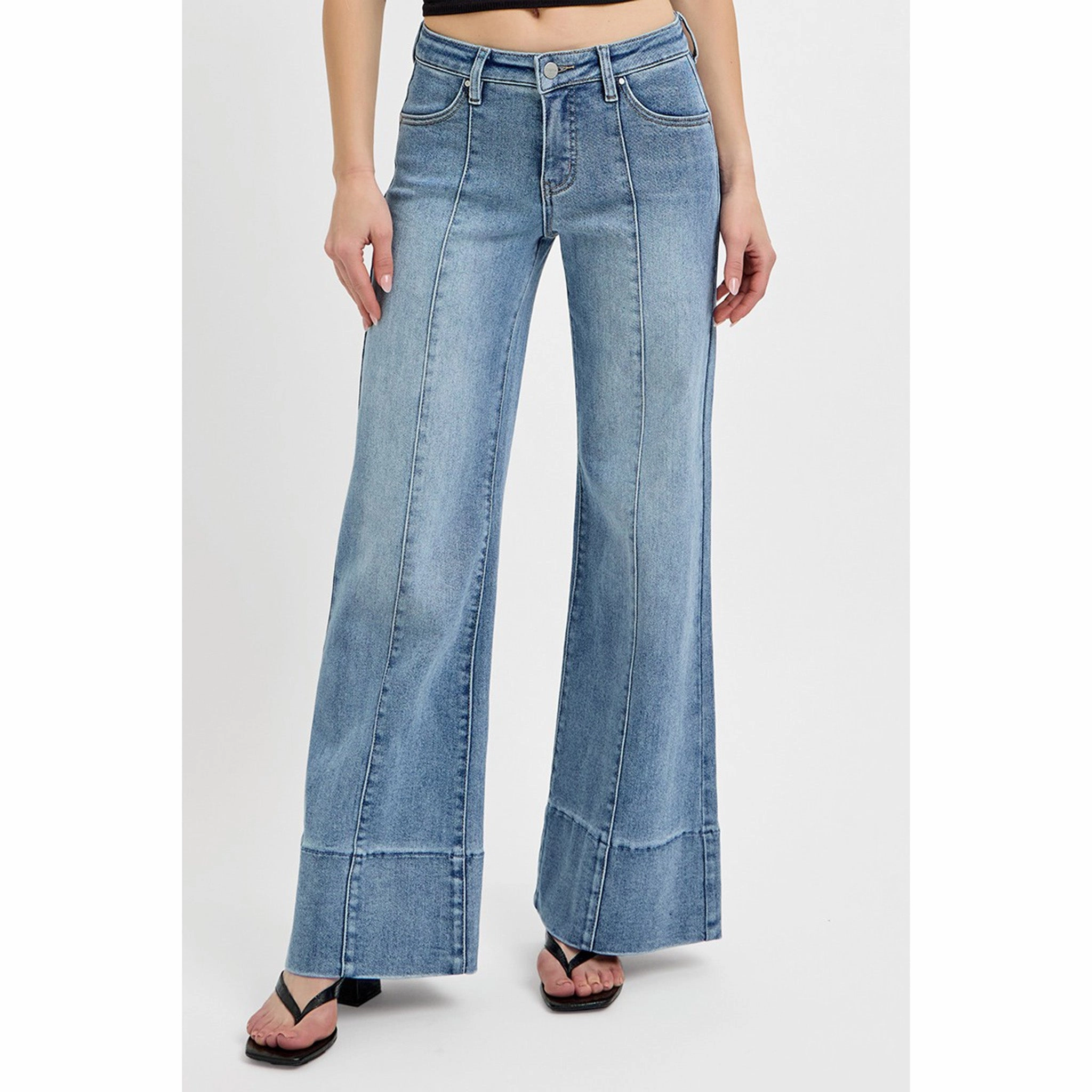 Lightweight Feel Breathable Minimalist Risen Women's Mid Rise Ankle Wide Flare Jeans