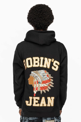 Relaxed Design fuzzy texture ROBIN??S HEAVY WEIGHT  NATIVE AMERICAN CHIEF PULLOVER HOODIE IN BLACK