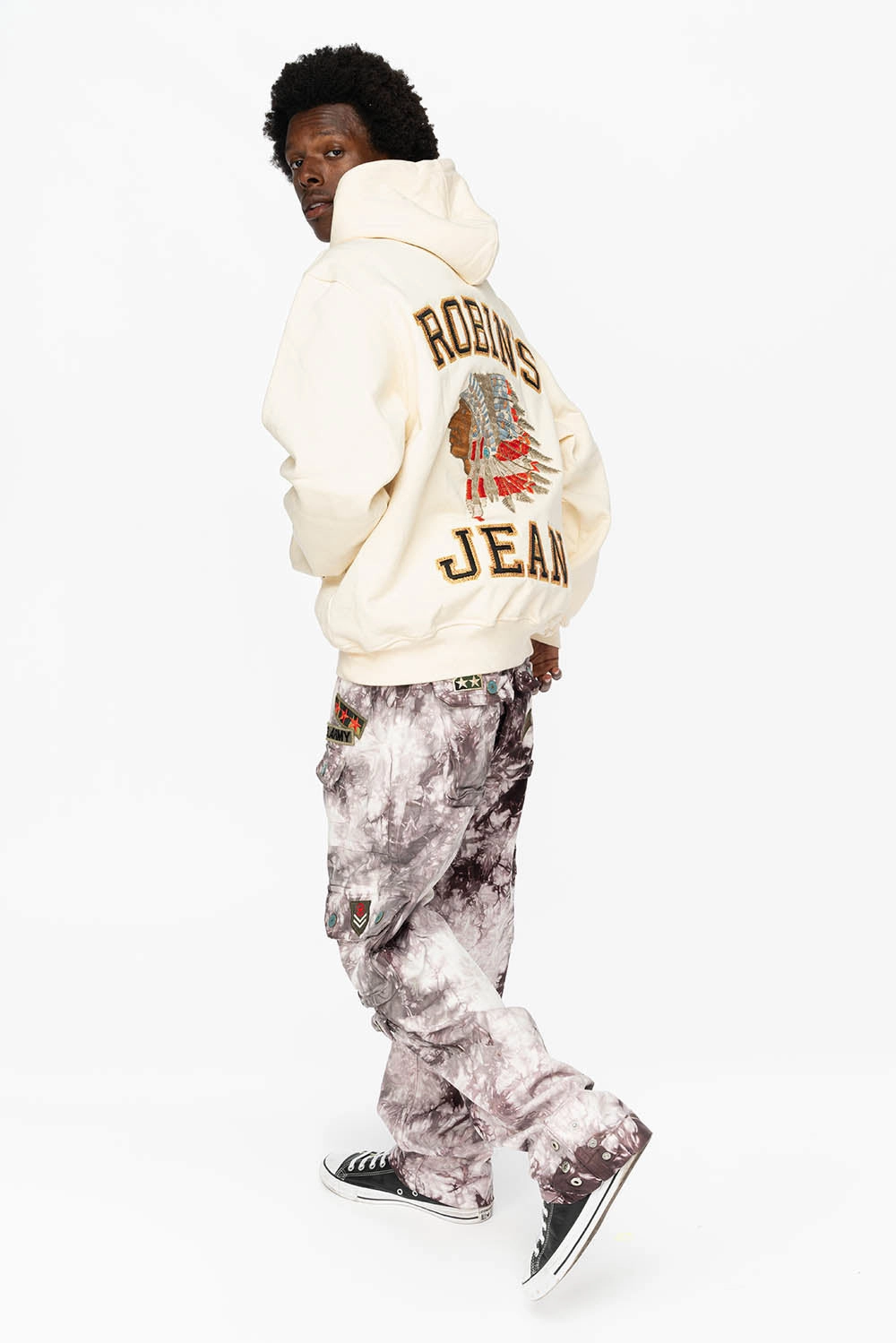 ROBIN??S HEAVY WEIGHT  NATIVE AMERICAN CHIEF PULLOVER HOODIE IN CREAM Cozy Base Casual Chic Look