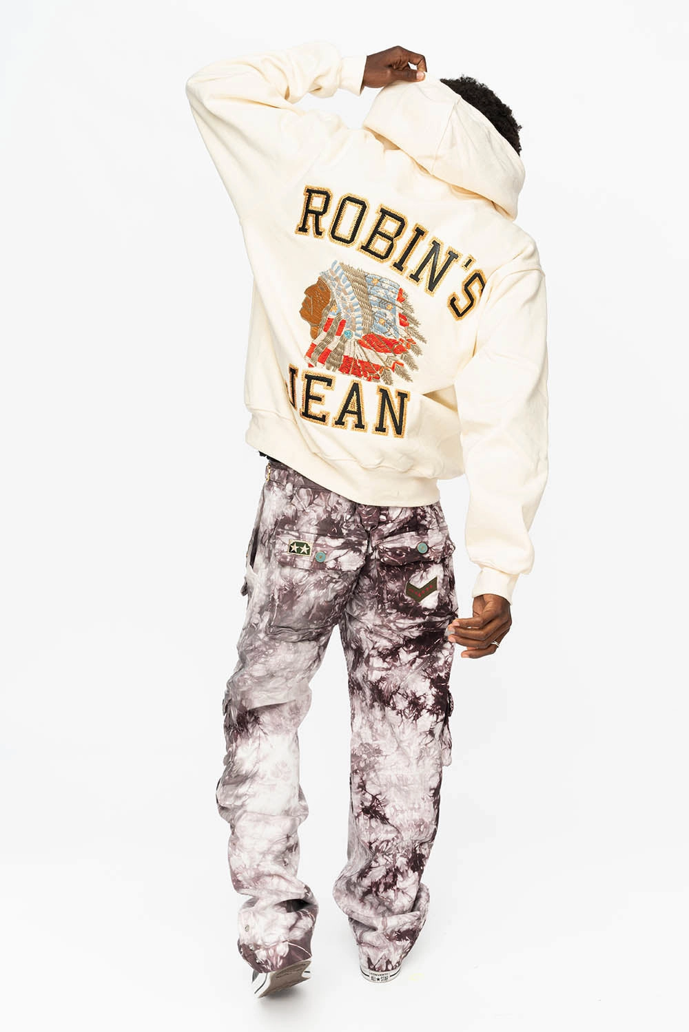 ROBIN??S HEAVY WEIGHT  NATIVE AMERICAN CHIEF PULLOVER HOODIE IN CREAM Friction Resistant Edging Lightweight Knit