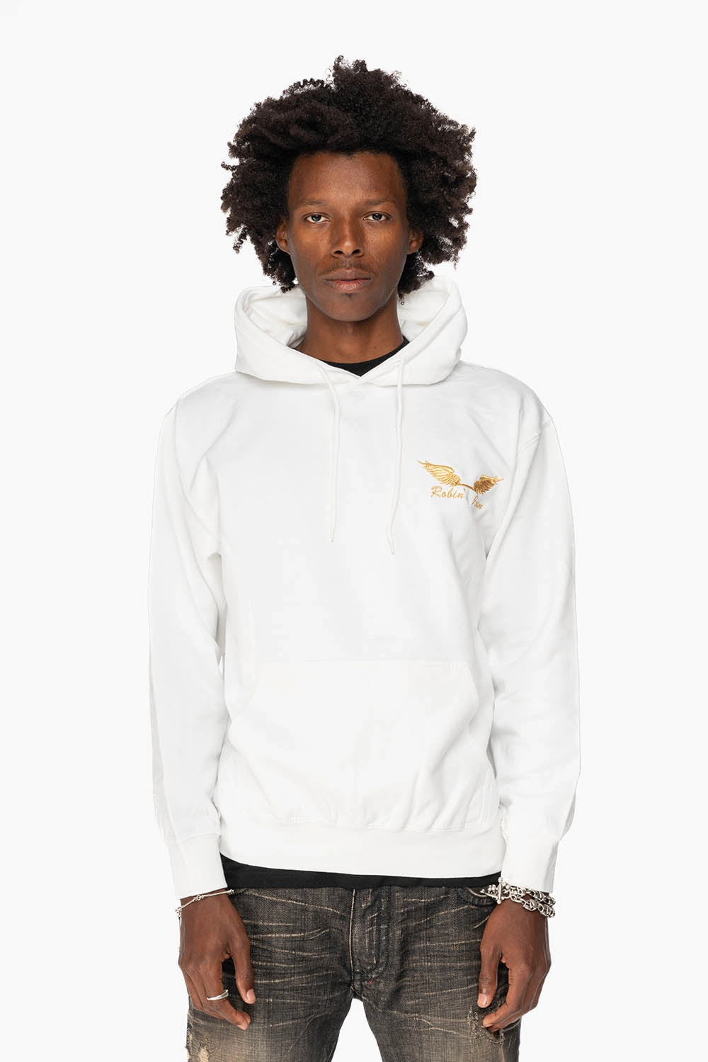 Fashion Knit Layer Comfort Flex Fit ROBIN??S JEAN PULLOVER HOODIE IN WHITE WITH GOLD WINGS EMBROIDERY