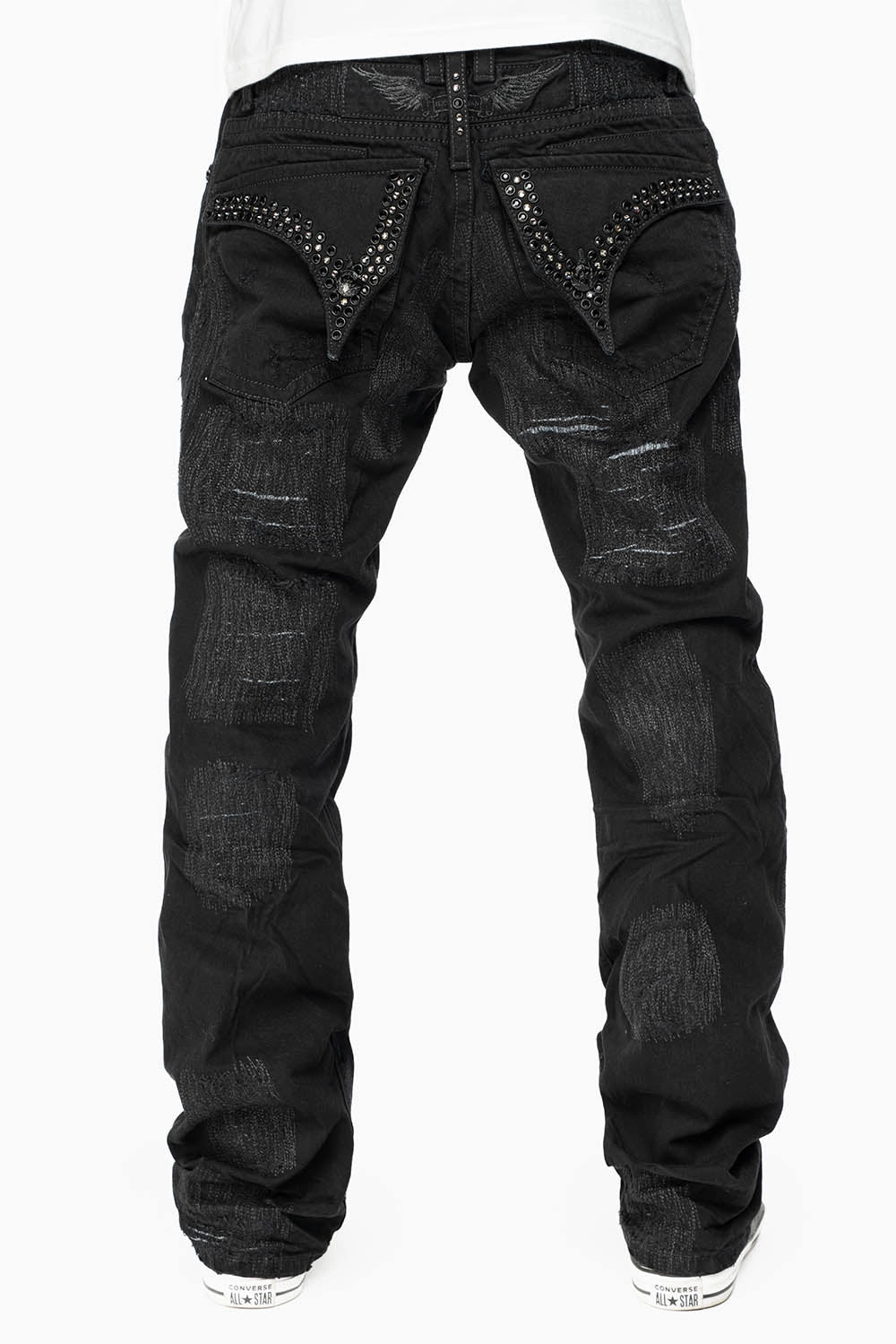 ROBIN'S LIMITED EDITION REPAIRED JEANS IN BLACK WASH WITH BLACK DIAMOND AND JET BLACK CRYSTALS Cool And Simple Crosshatch Stitching