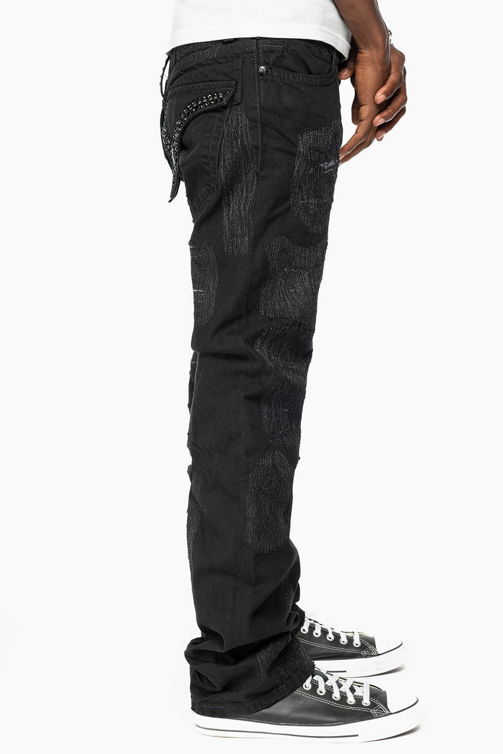 Stay Comfortable Flexible Fit ROBIN'S LIMITED EDITION REPAIRED JEANS IN BLACK WASH WITH BLACK DIAMOND AND JET BLACK CRYSTALS