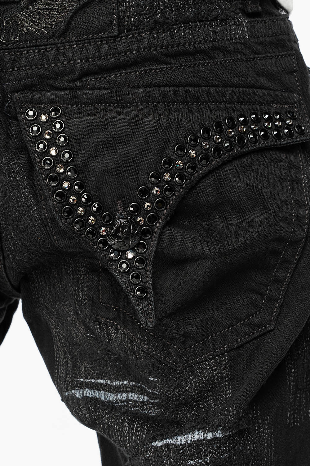 Soft Wash Treatment Tailored Silhouette ROBIN'S LIMITED EDITION REPAIRED JEANS IN BLACK WASH WITH BLACK DIAMOND AND JET BLACK CRYSTALS