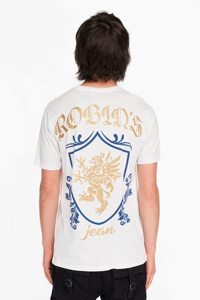 Ribbed Collar Trim ROBINS GOLD GLITTER EAGLE CREST TEE IN WHITE