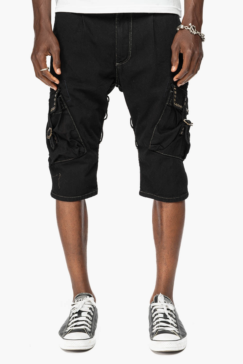 Trusted Outfit Quick Dry Technology ROBINS LIMITED EDITION MILITARY CARGO SHORTS IN PURE BLK WITH BLK DIAMOND CRYSTALS