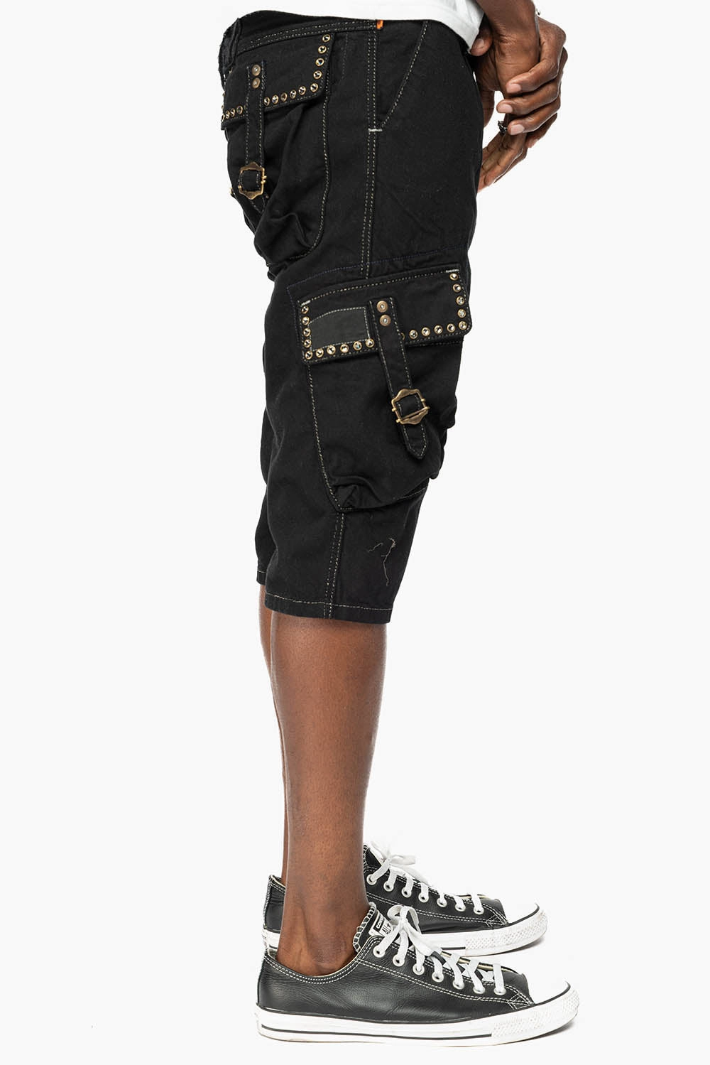 Shape Retention ROBINS LIMITED EDITION MILITARY CARGO SHORTS IN PURE BLK WITH BLK DIAMOND CRYSTALS