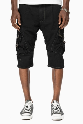 Trusted Outfit Quick Dry Technology ROBINS LIMITED EDITION MILITARY CARGO SHORTS IN PURE BLK WITH BLK DIAMOND CRYSTALS