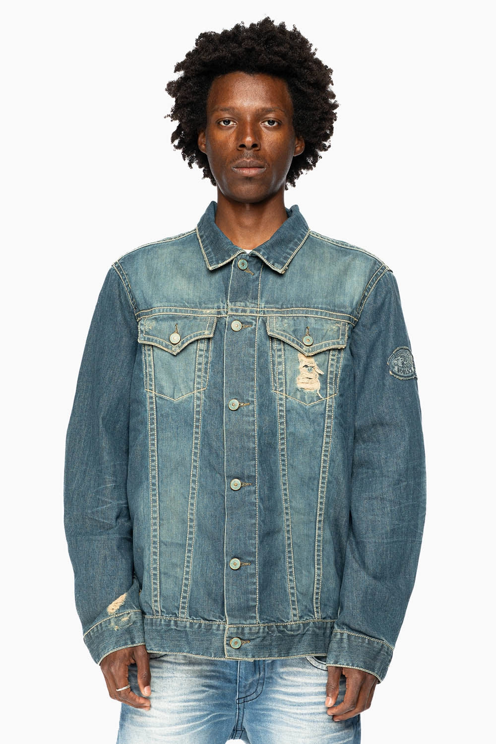 Transitional Look Urban Hike Style ROBINS MOTORCYCLE CLUB DENIM JACKET IN MEDIUM BLUE BROKEN WASH WITH PATCHES