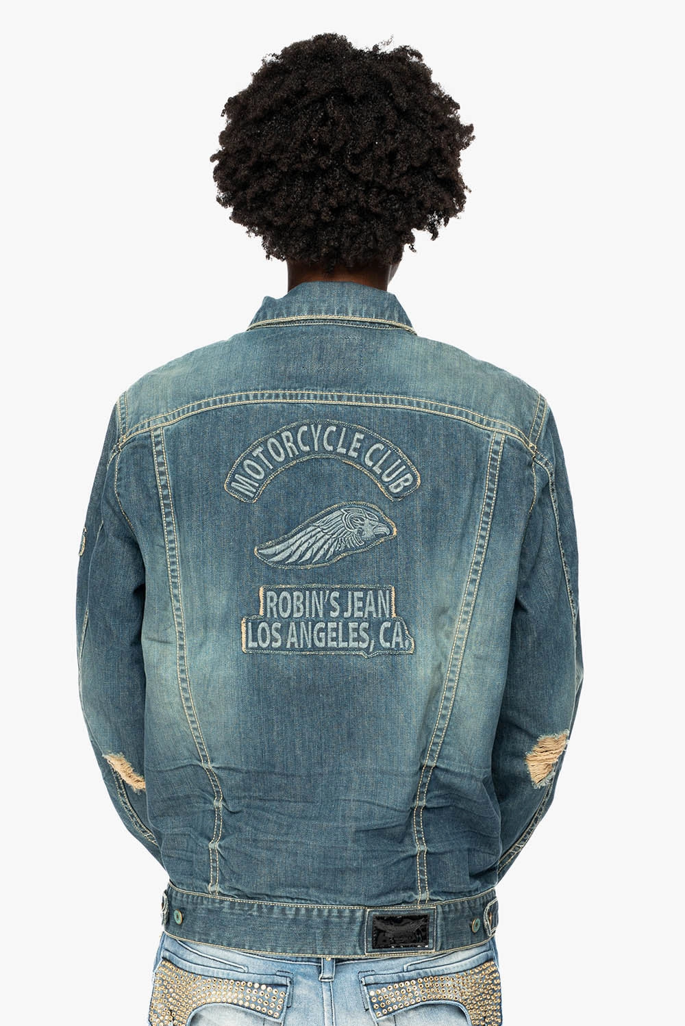 LowProfile Design ReinforcedElasticHem ROBINS MOTORCYCLE CLUB DENIM JACKET IN MEDIUM BLUE BROKEN WASH WITH PATCHES