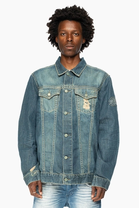 Transitional Look Urban Hike Style ROBINS MOTORCYCLE CLUB DENIM JACKET IN MEDIUM BLUE BROKEN WASH WITH PATCHES