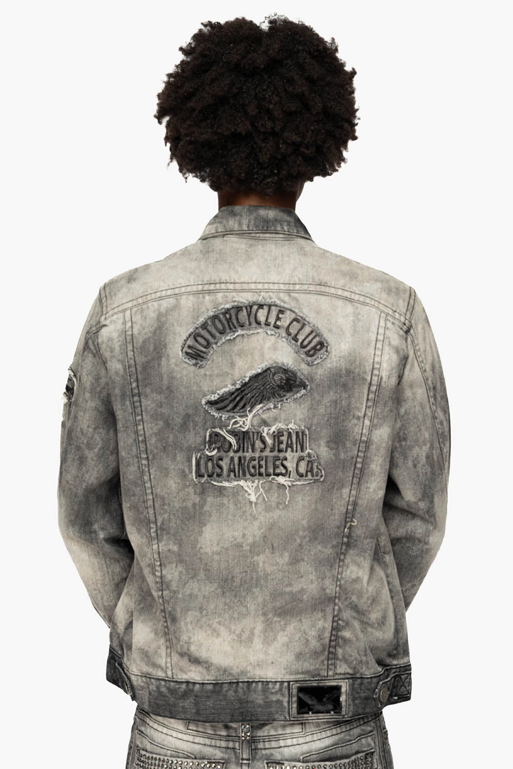 ROBINS MOTORCYCLE CLUB DENIM JACKET LIMITED EDITION IN GREY CHEROKEE WASH EMBELLISHED WITH CRYSTALS Lightweight Comfort