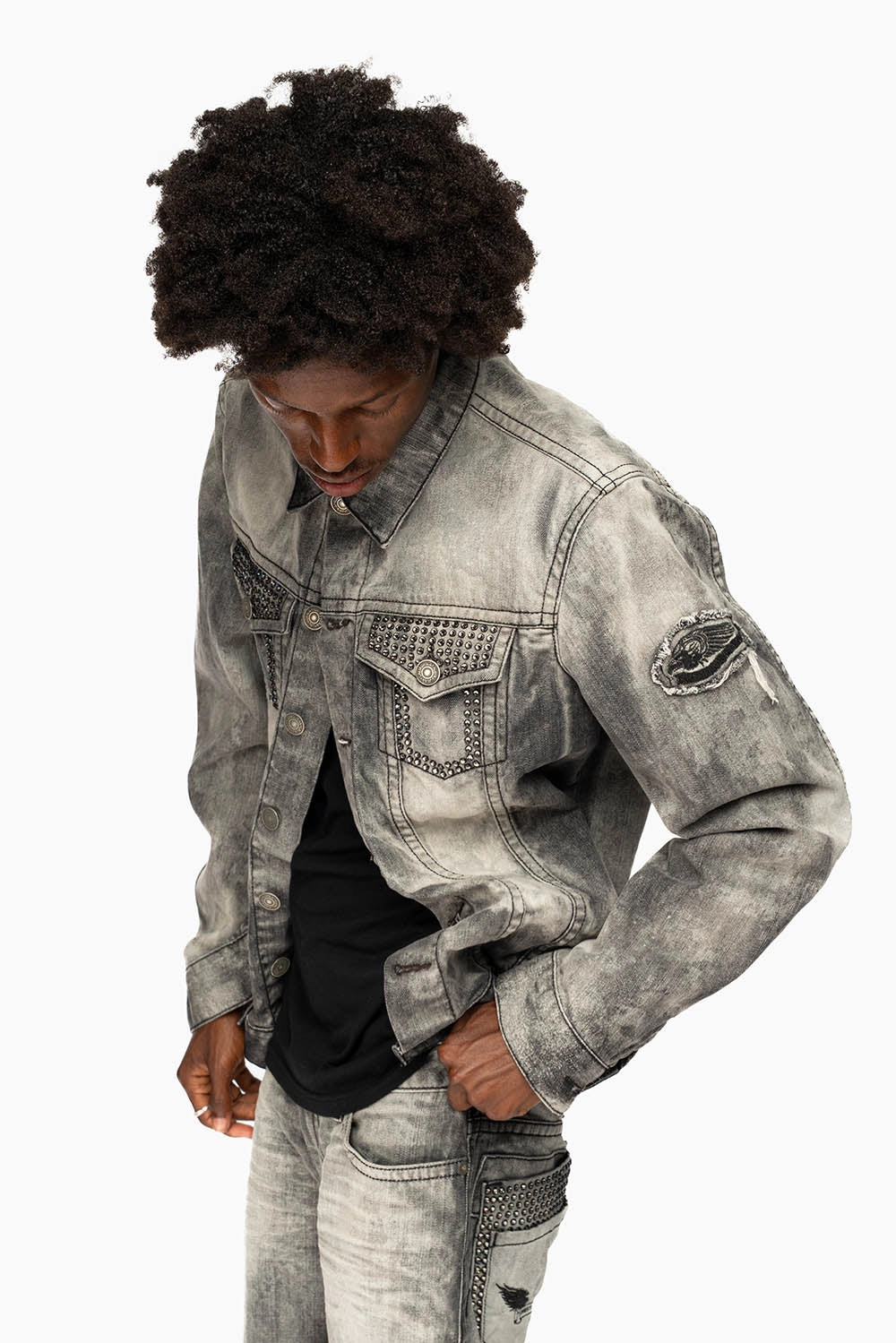 Mild Weather Layer Four Way Stretch Material ROBINS MOTORCYCLE CLUB DENIM JACKET LIMITED EDITION IN GREY CHEROKEE WASH EMBELLISHED WITH CRYSTALS