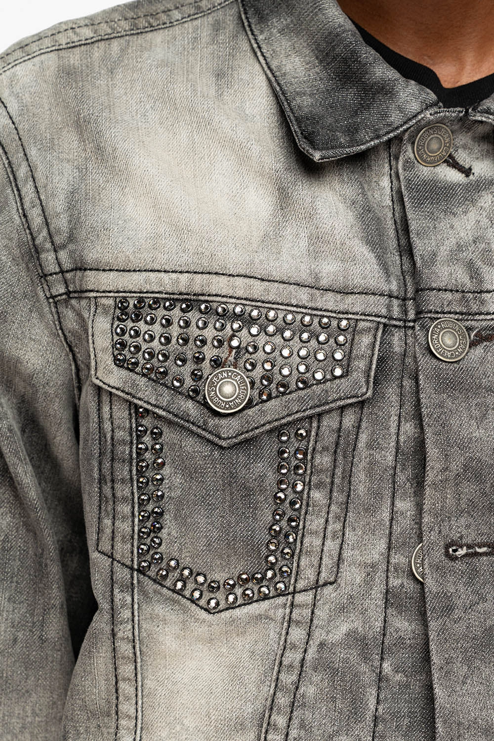 Reinforced Elbow Padding ROBINS MOTORCYCLE CLUB DENIM JACKET LIMITED EDITION IN GREY CHEROKEE WASH EMBELLISHED WITH CRYSTALS