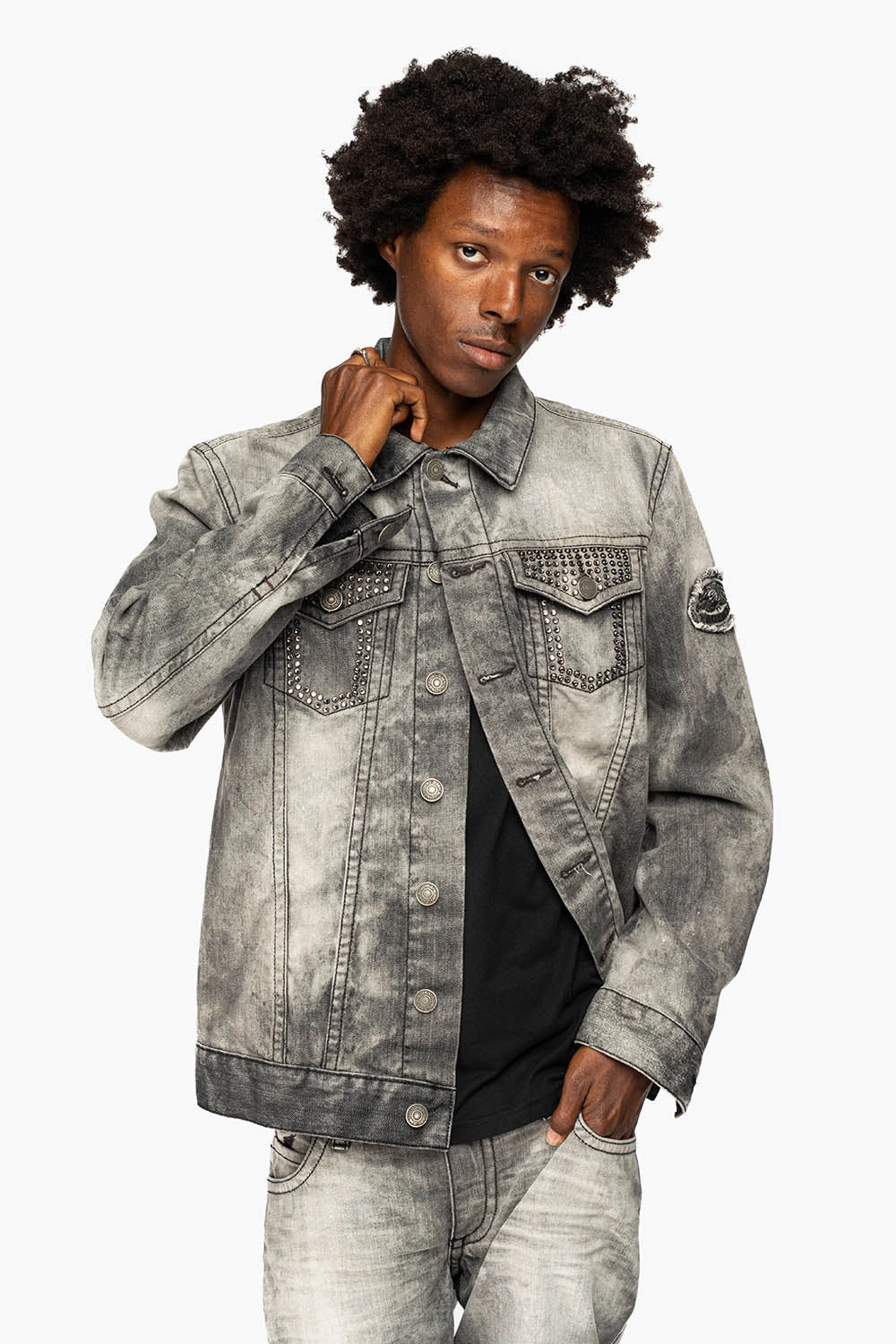 ROBINS MOTORCYCLE CLUB DENIM JACKET LIMITED EDITION IN GREY CHEROKEE WASH EMBELLISHED WITH CRYSTALS Monochrome Look