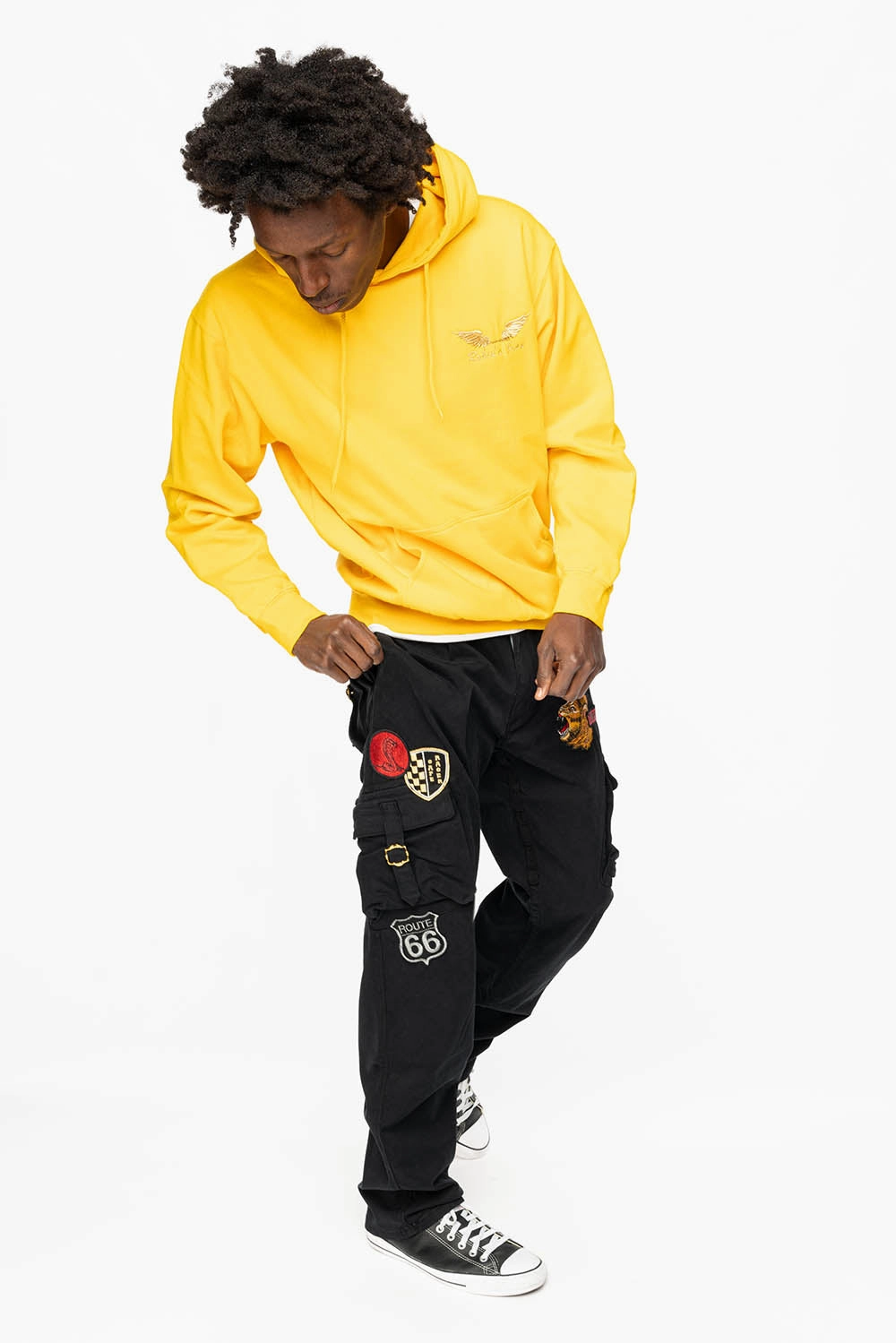 Always Fits Soft Aesthetic ROBINS NEW MILITARY STYLE CARGO PANTS IN BLACK COLOR WITH MULTIPLE PATCH