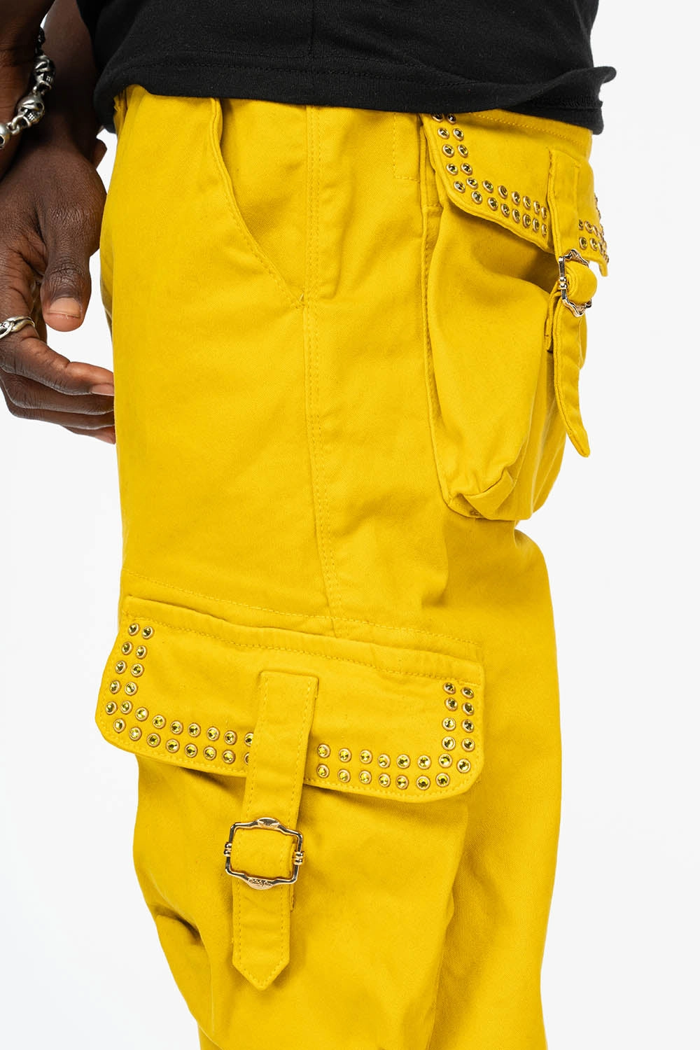 ROBINS NEW MILITARY STYLE CARGO PANTS IN MUSTARD WITH CITRINE CRYSTALS Artist Vibe Weekend Warrior Gym Ready