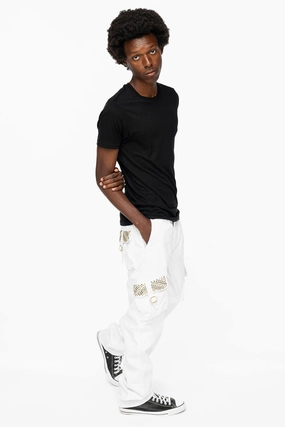 Eco Friendly Denim ROBINS NEW MILITARY STYLE CARGO PANTS IN WHITE WITH BLK DIAMOND AND AURUM CRYSTALS