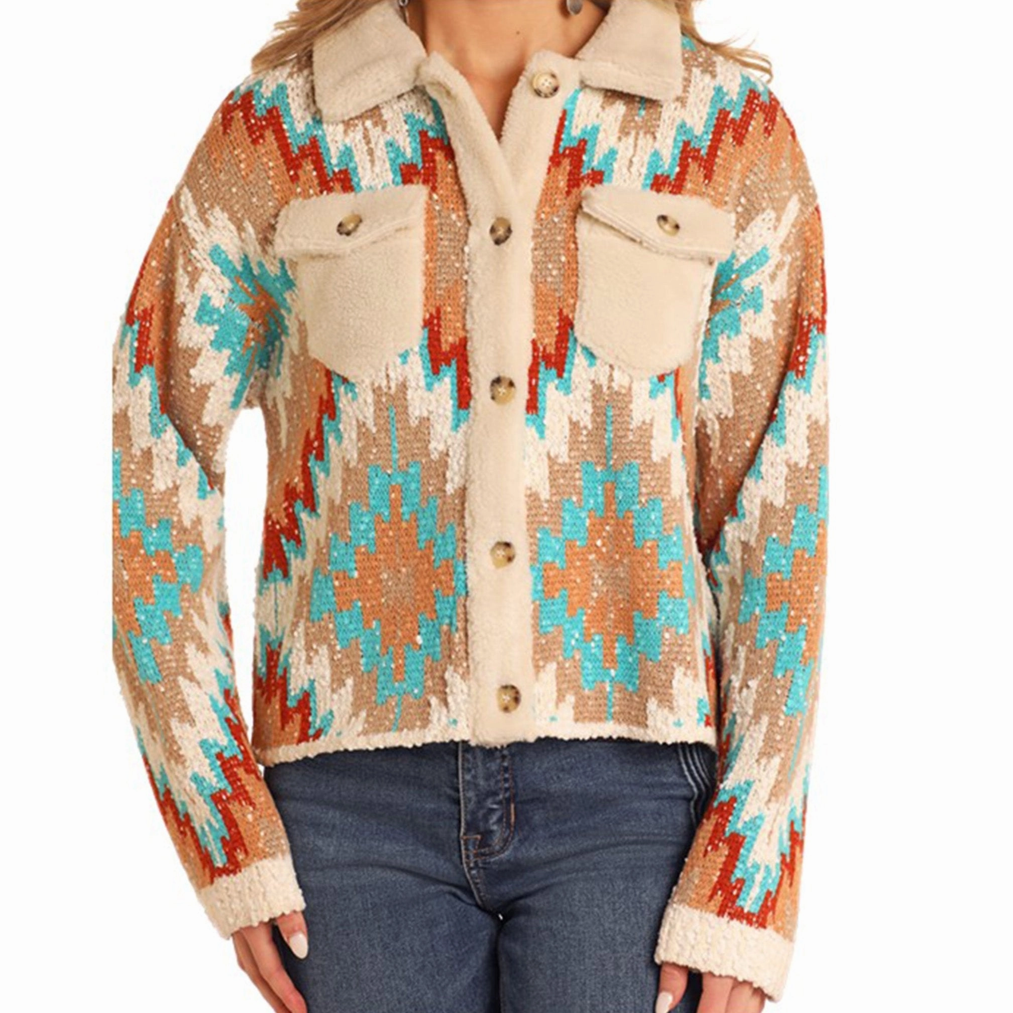 Multi Layer Construction High Visibility Trims Rock & Roll Aztec Button Up Cardigan