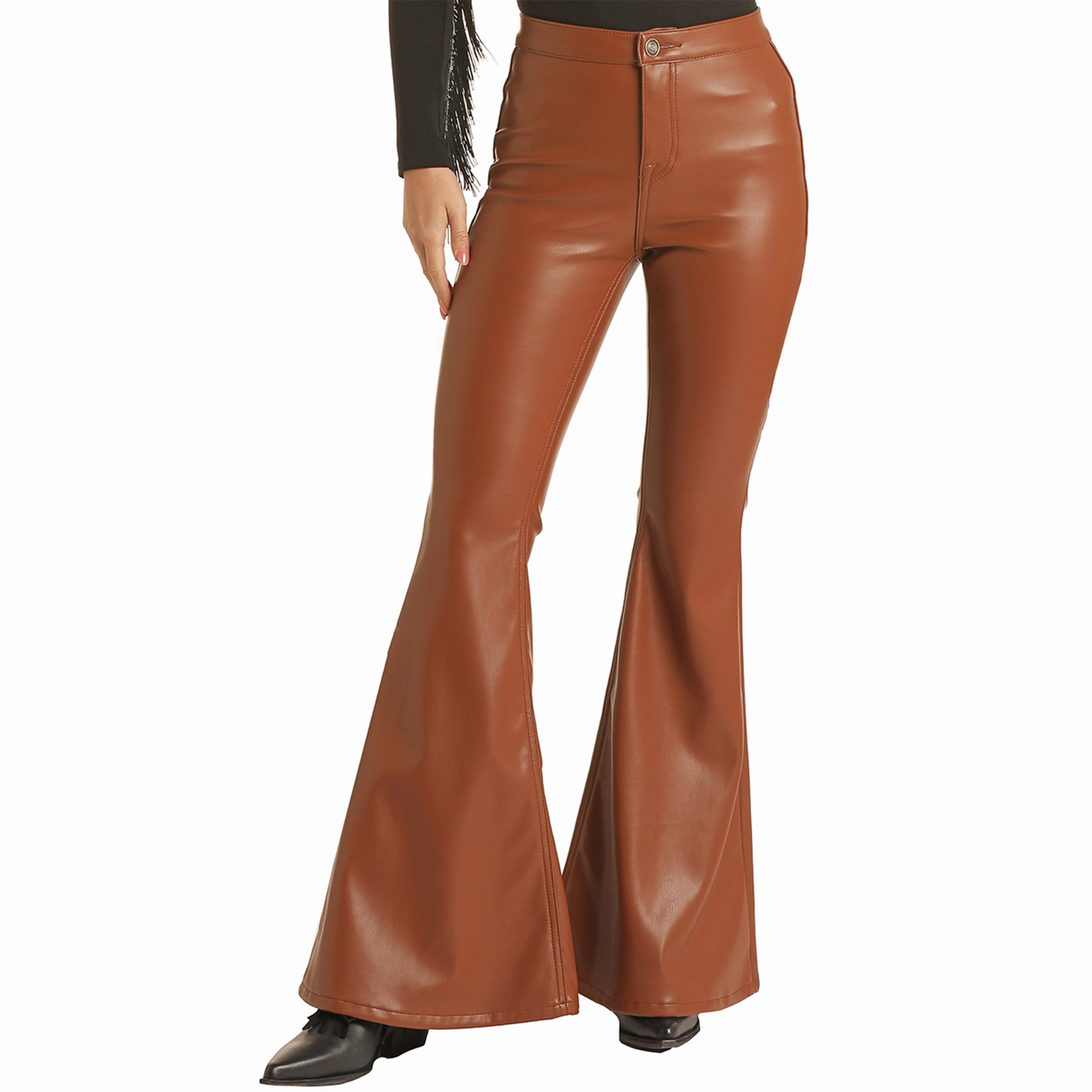 Rock & Roll Brown Pleather Bell Bottom Pants School Fit Loose Spring Mood