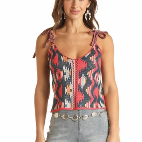 RibbedTrim Rock & Roll Coral Aztec Knit Tank