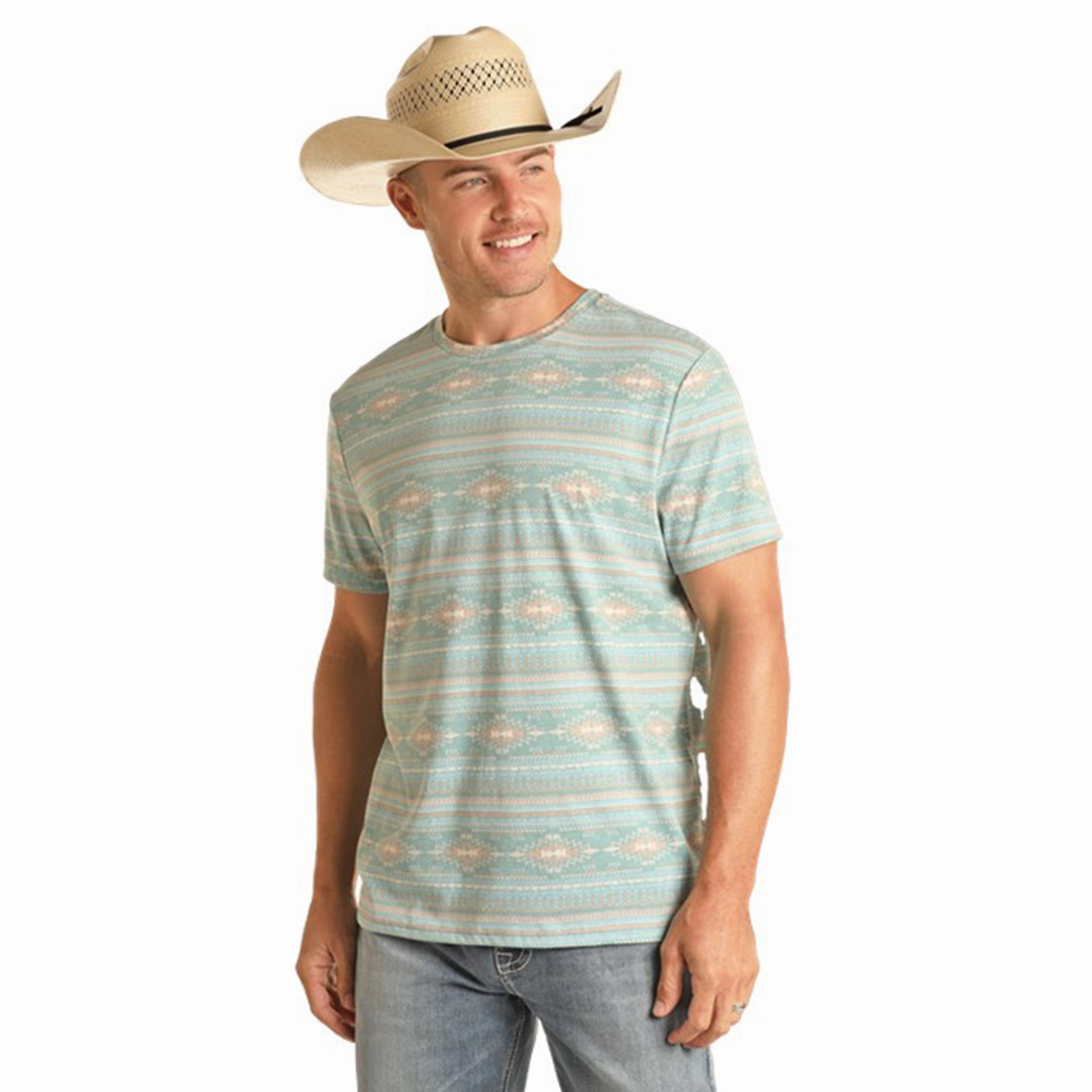 Rock & Roll Cowboy Aqua Aztec Unisex Tee Multipocket Style