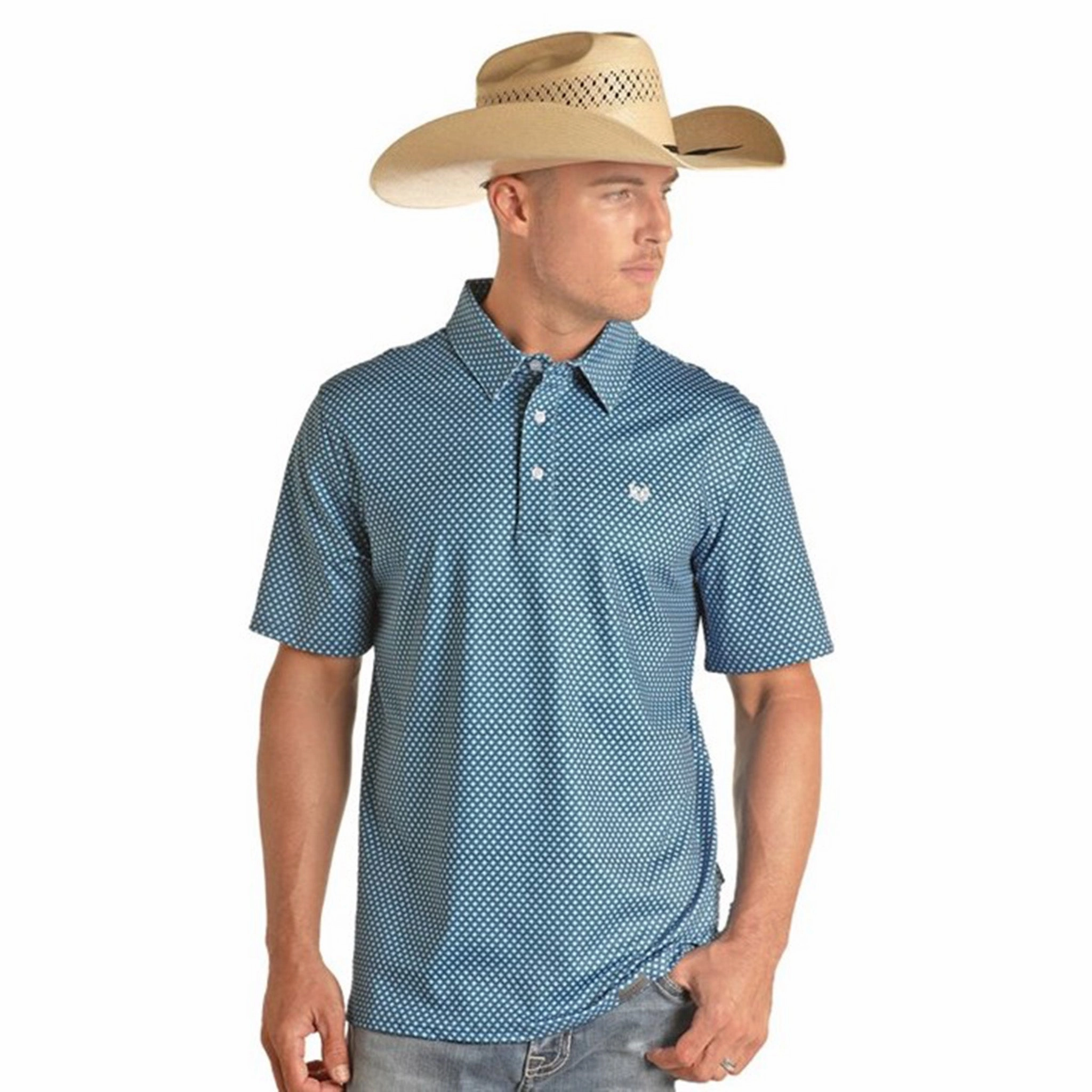 Rock & Roll Cowboy Blue Geometric Print Polo Relaxed Comfort