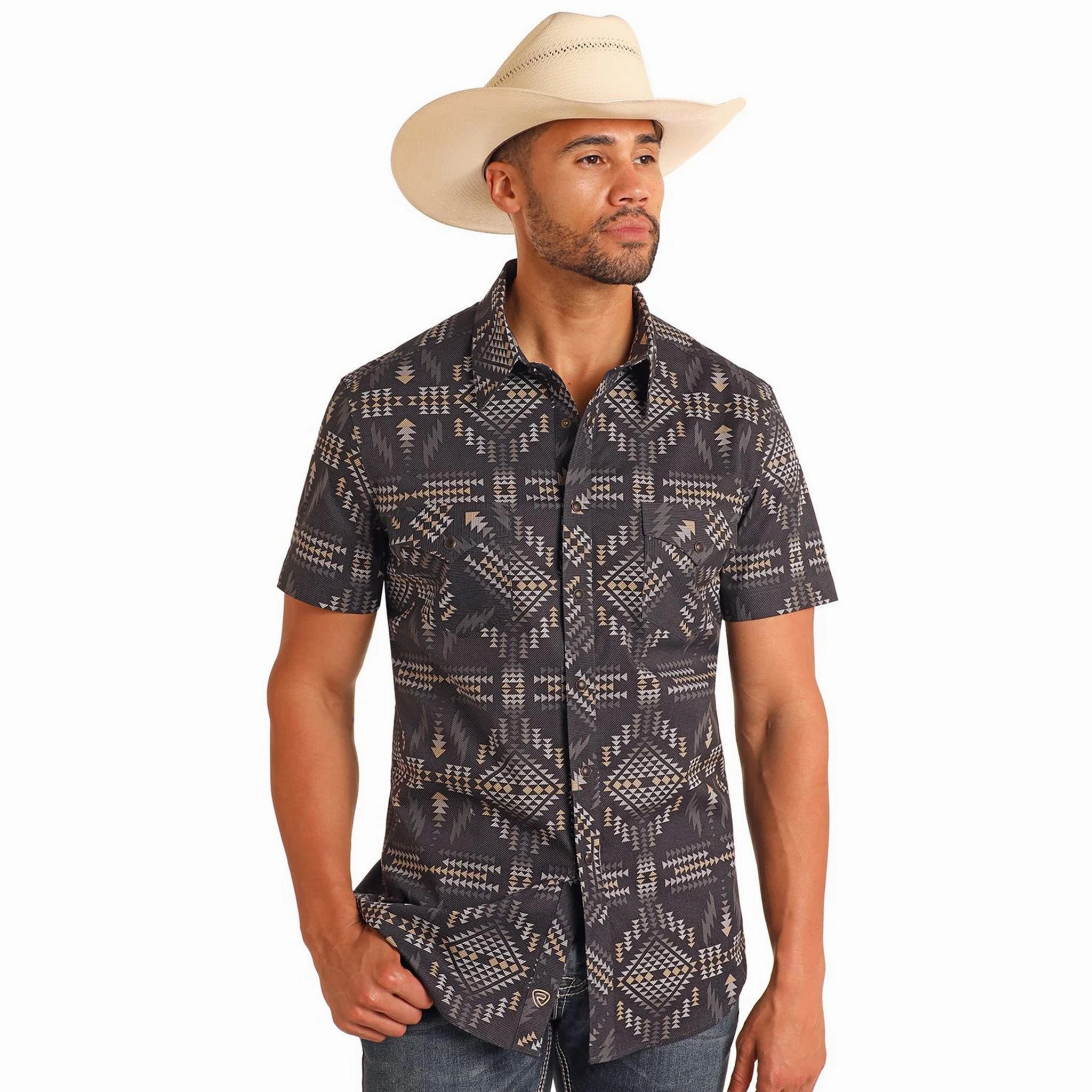 Casual Day No Slip Shoulder Grips Rock & Roll Cowboy Men's Black/Brown Aztec Tek Short Sleeve