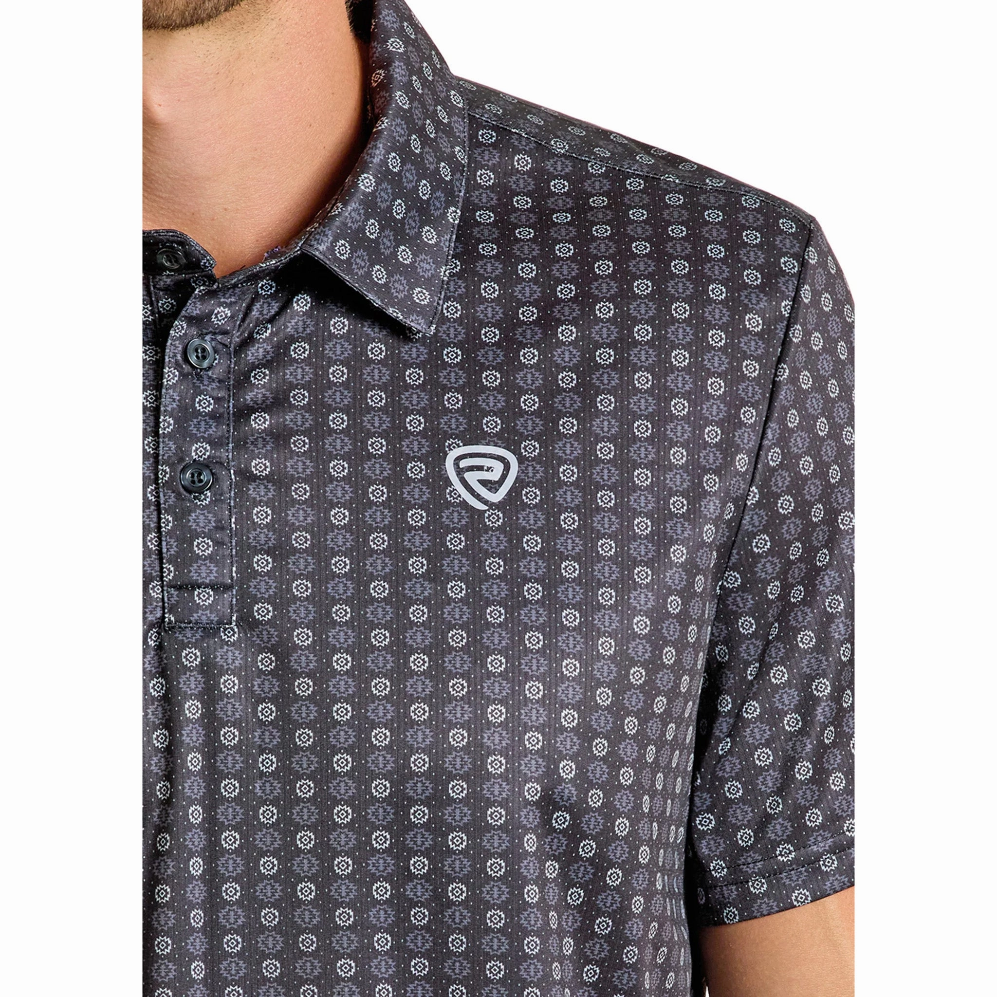 Rock & Roll Cowboy Men's Black Geo Print Polo High-End Fashion Bold Graphics