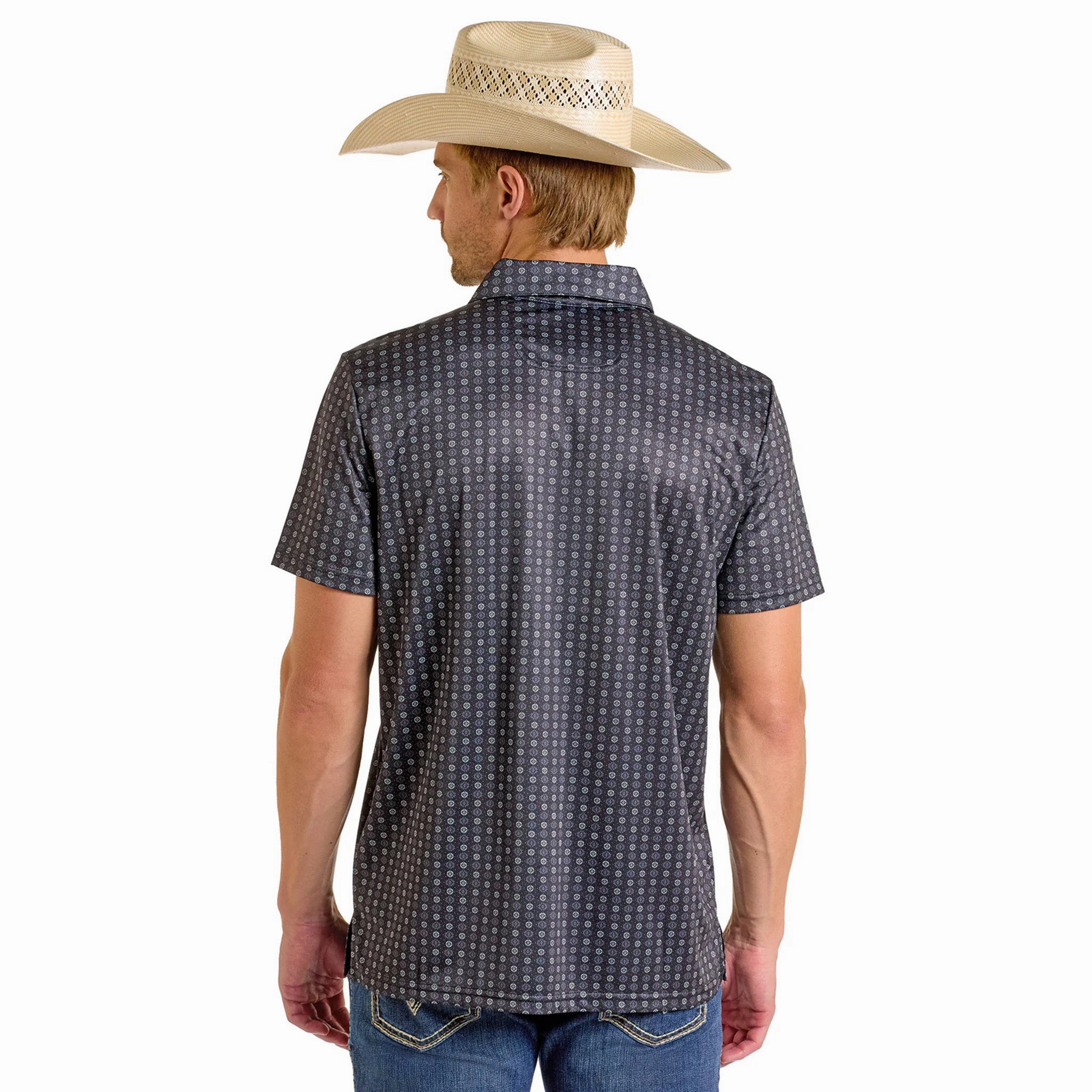 Textured Finish Minimalist Aesthetic Rock & Roll Cowboy Men's Black Geo Print Polo
