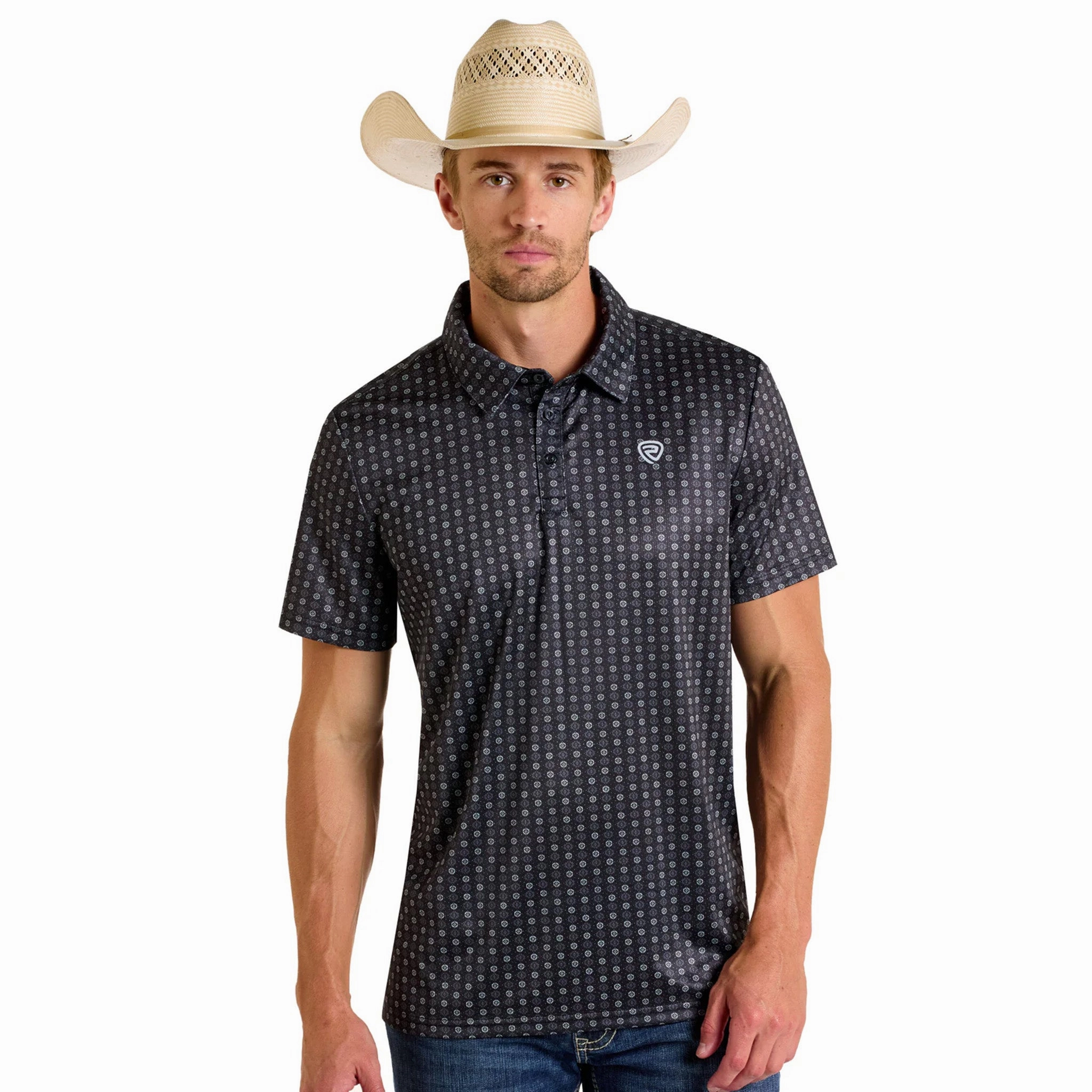Rock & Roll Cowboy Men's Black Geo Print Polo Mix-And-Match Handcrafted Detail
