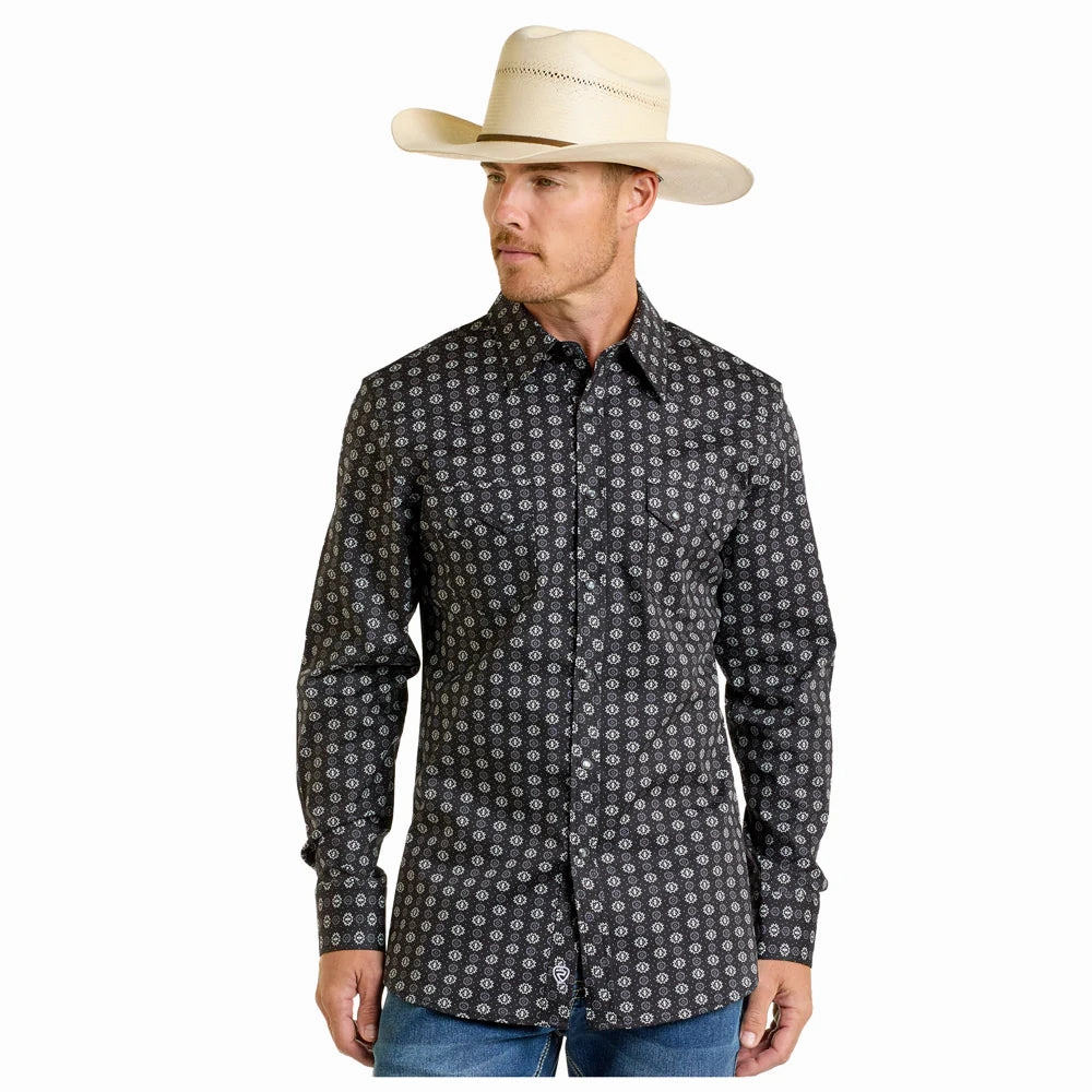 Rock & Roll Cowboy Men's Black/White Aztec Long Sleeve Quick-Dry Street Comfort