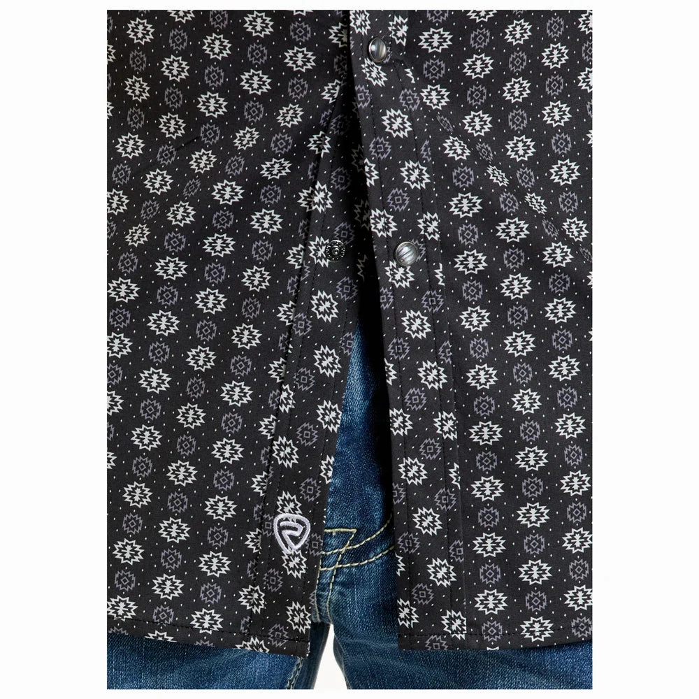 Rock & Roll Cowboy Men's Black/White Aztec Long Sleeve Retro Vibe Vibrant Hue