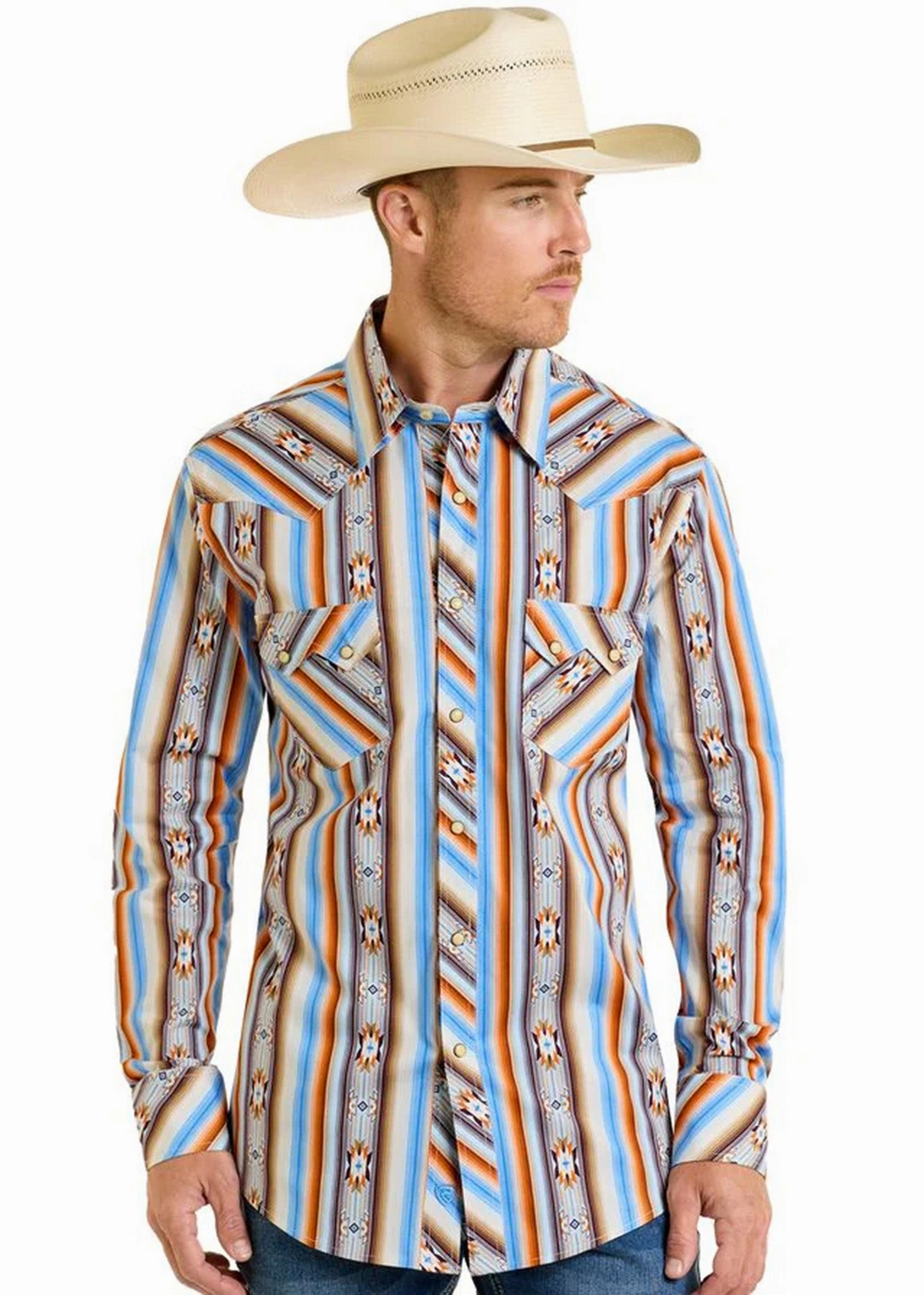 Rock & Roll Cowboy Men's Multi-Aztec Stripe Long Sleeve Flexible Movement Animal Print